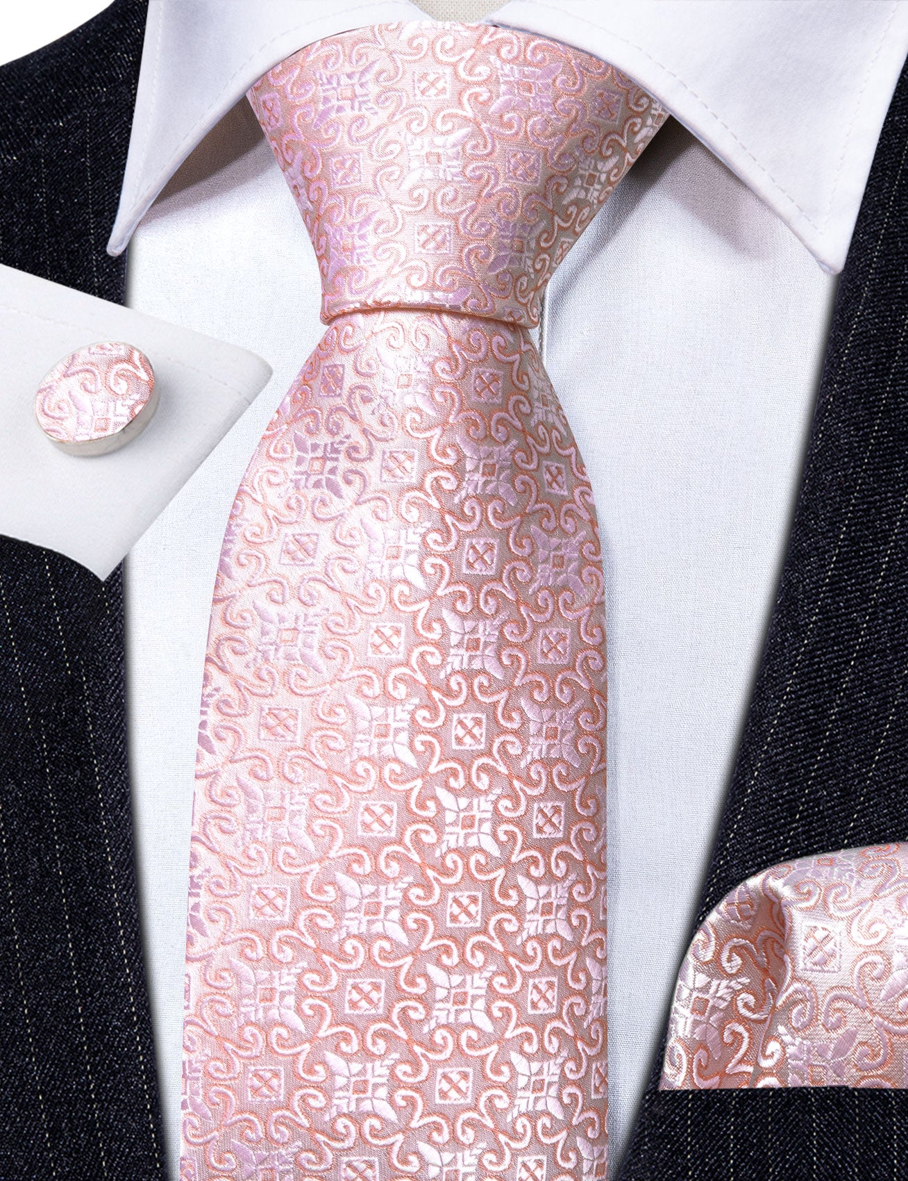 Bright Pink Floral Silk Tie Handkerchief Cufflinks Set