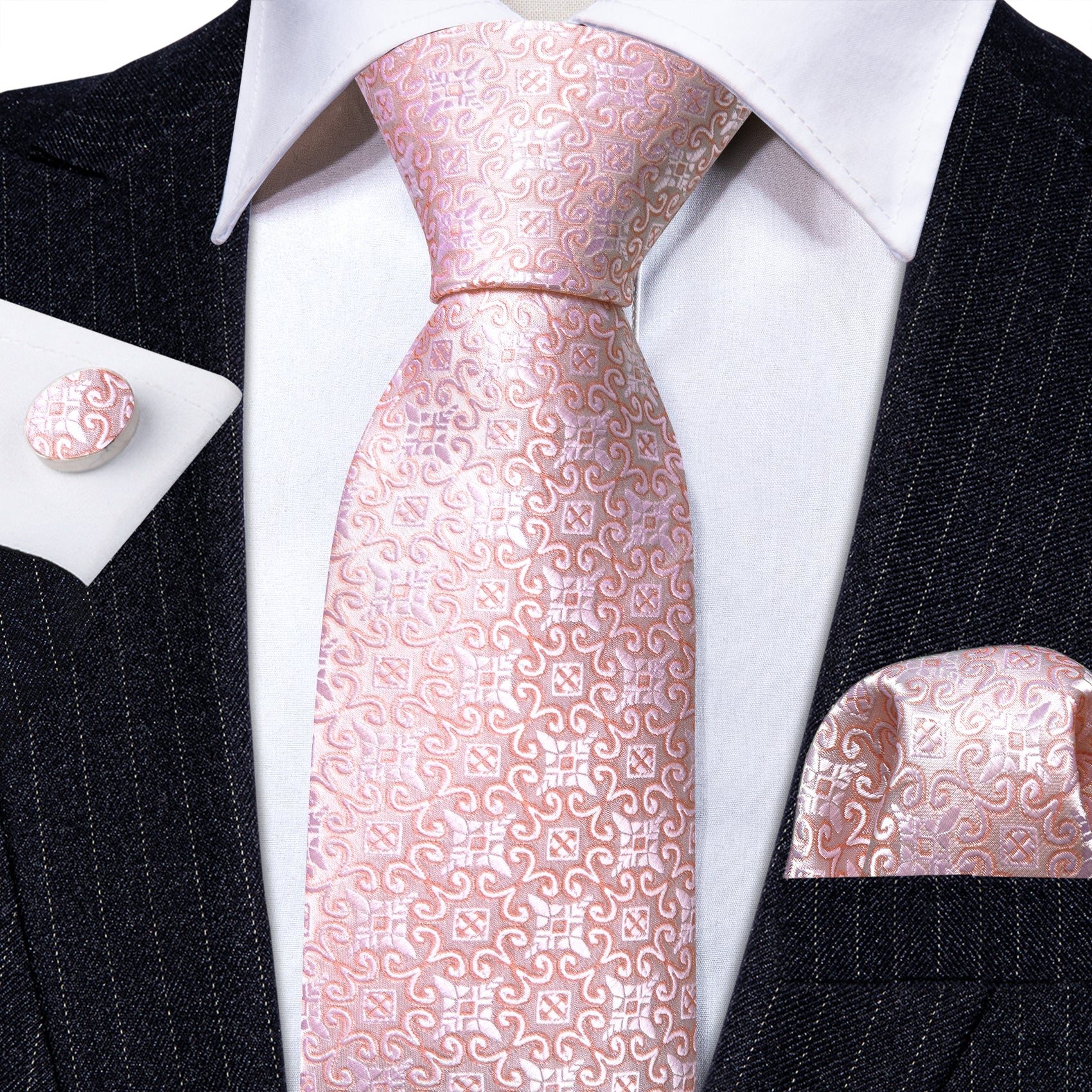 Bright Pink Floral Silk Tie Handkerchief Cufflinks Set