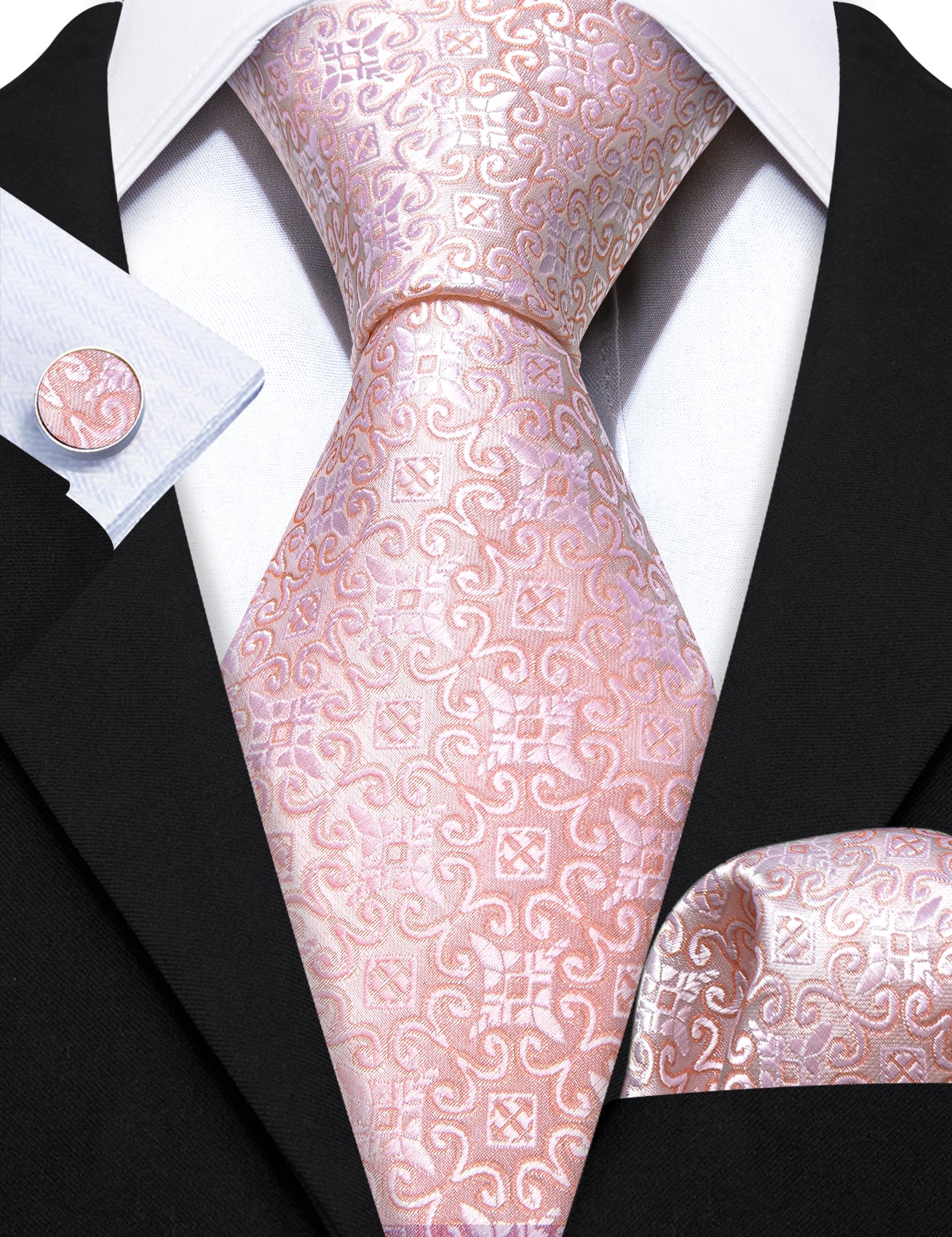 Bright Pink Floral Silk Tie Handkerchief Cufflinks Set