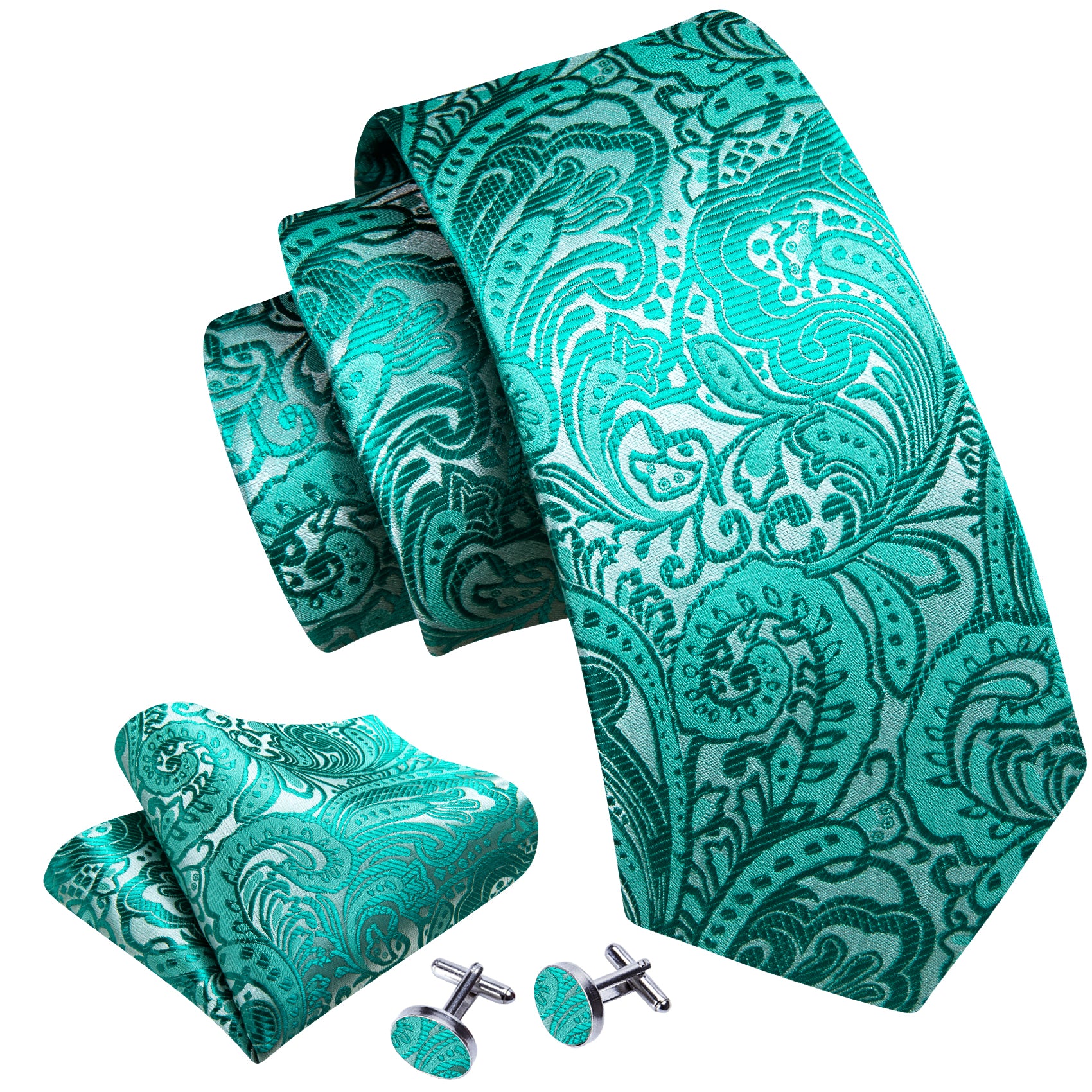 Teal Blue Paisley Silk Tie Pocket Square Cufflinks Set