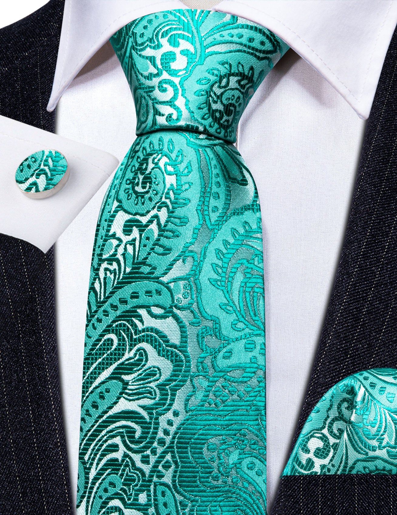 Teal Blue Paisley Silk Tie Pocket Square Cufflinks Set