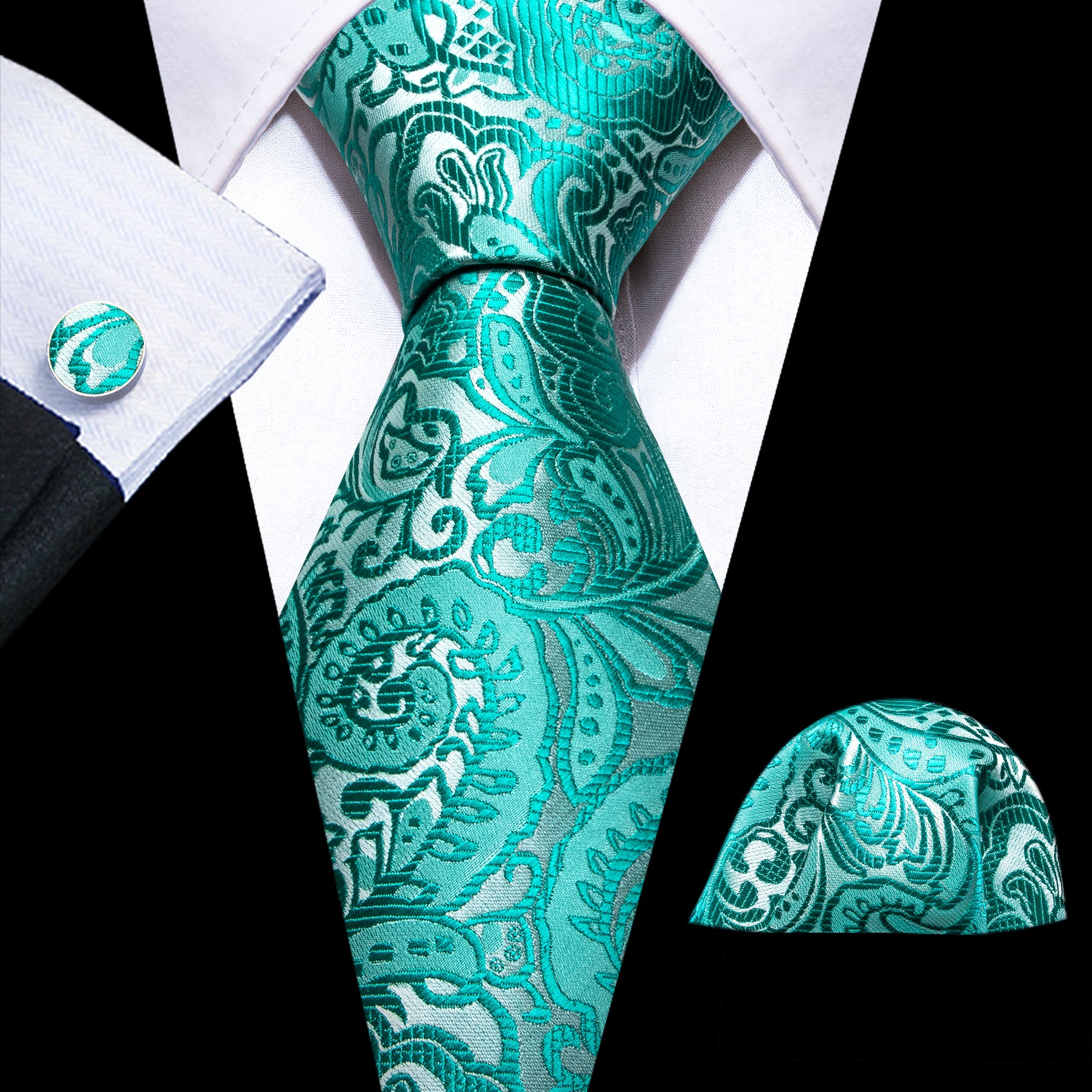 Teal Blue Paisley Silk Tie Pocket Square Cufflinks Set