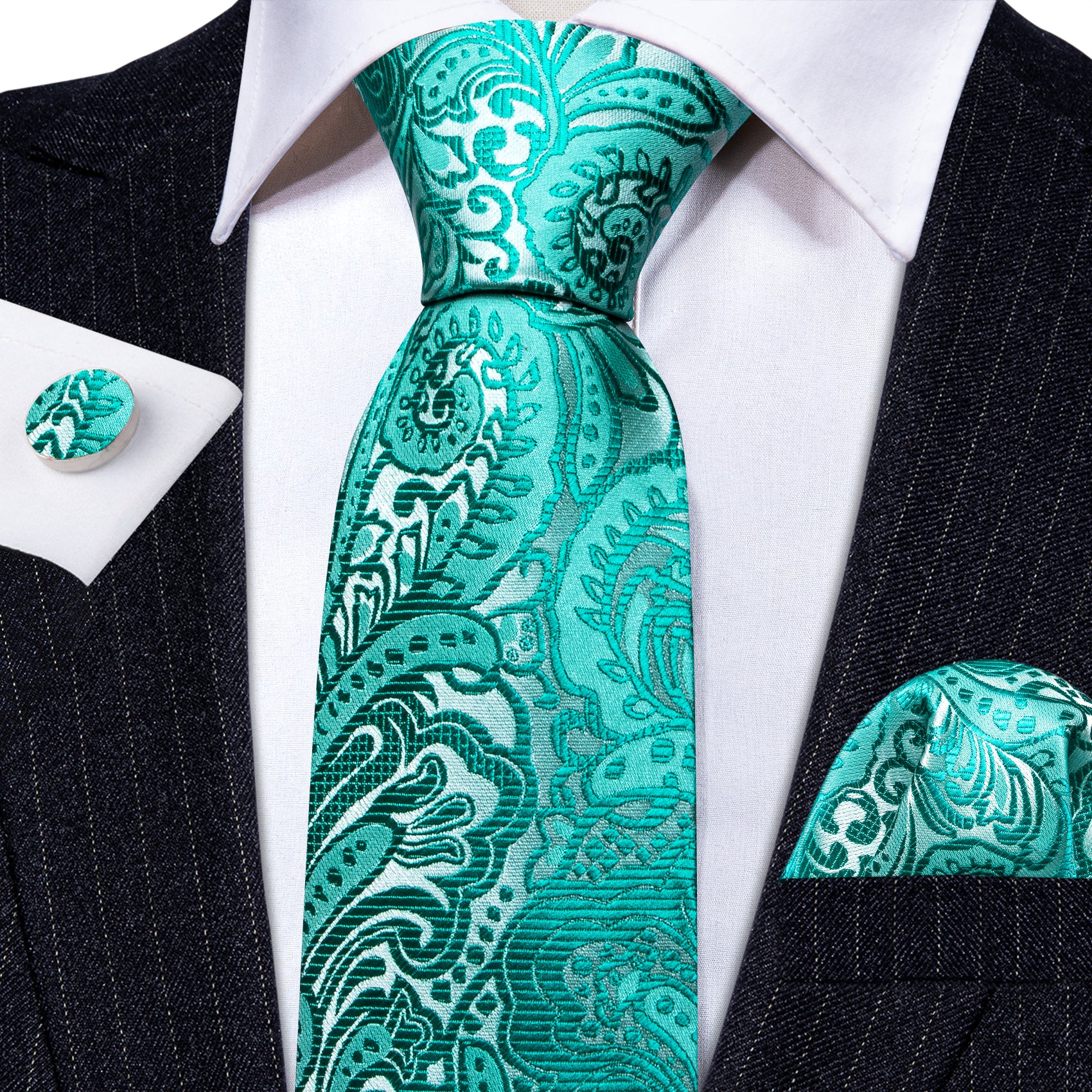 Teal Blue Paisley Silk Tie Pocket Square Cufflinks Set