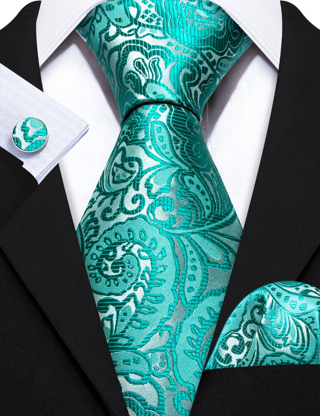 Teal Blue Paisley Silk Tie Pocket Square Cufflinks Set