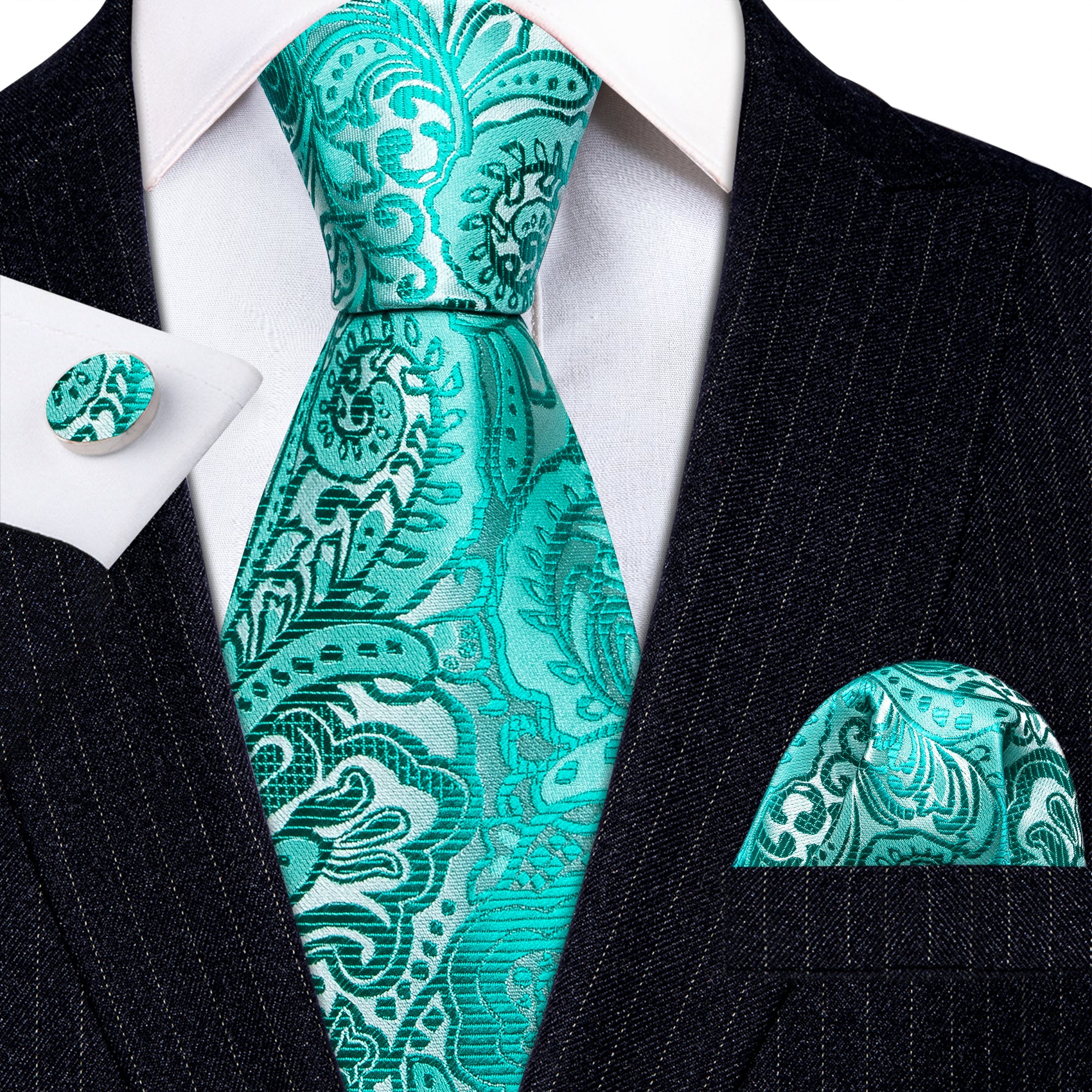 Teal Blue Paisley Silk Tie Pocket Square Cufflinks Set