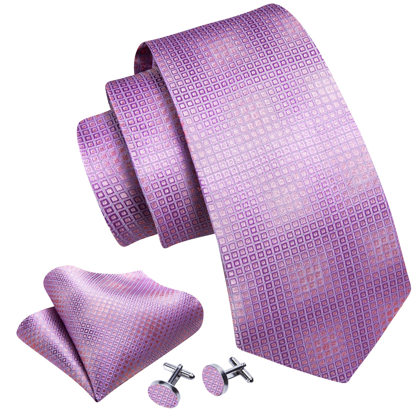 Light Purple Plaid Silk Tie Pocket Square Cufflinks Set