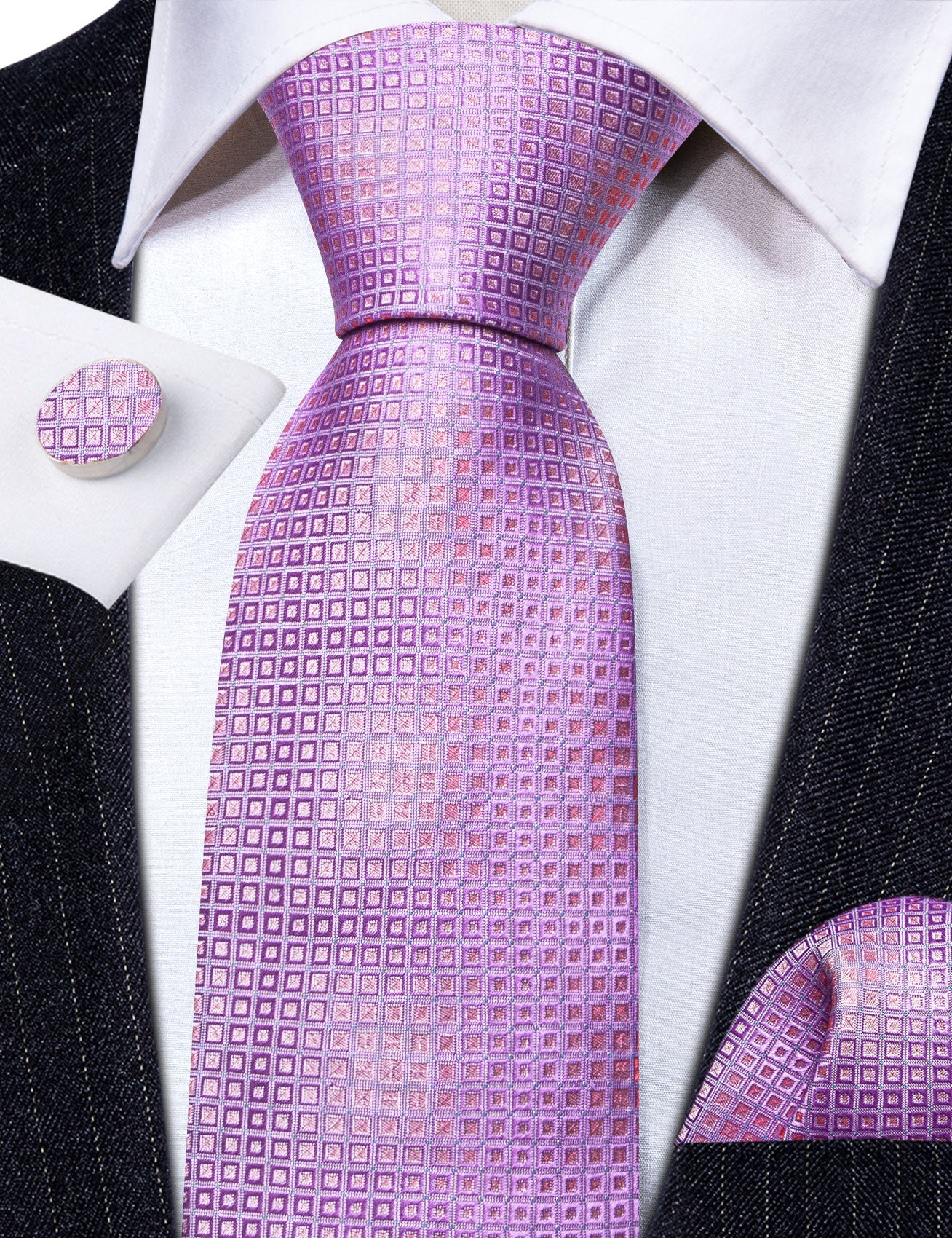 Light Purple Plaid Silk Tie Pocket Square Cufflinks Set