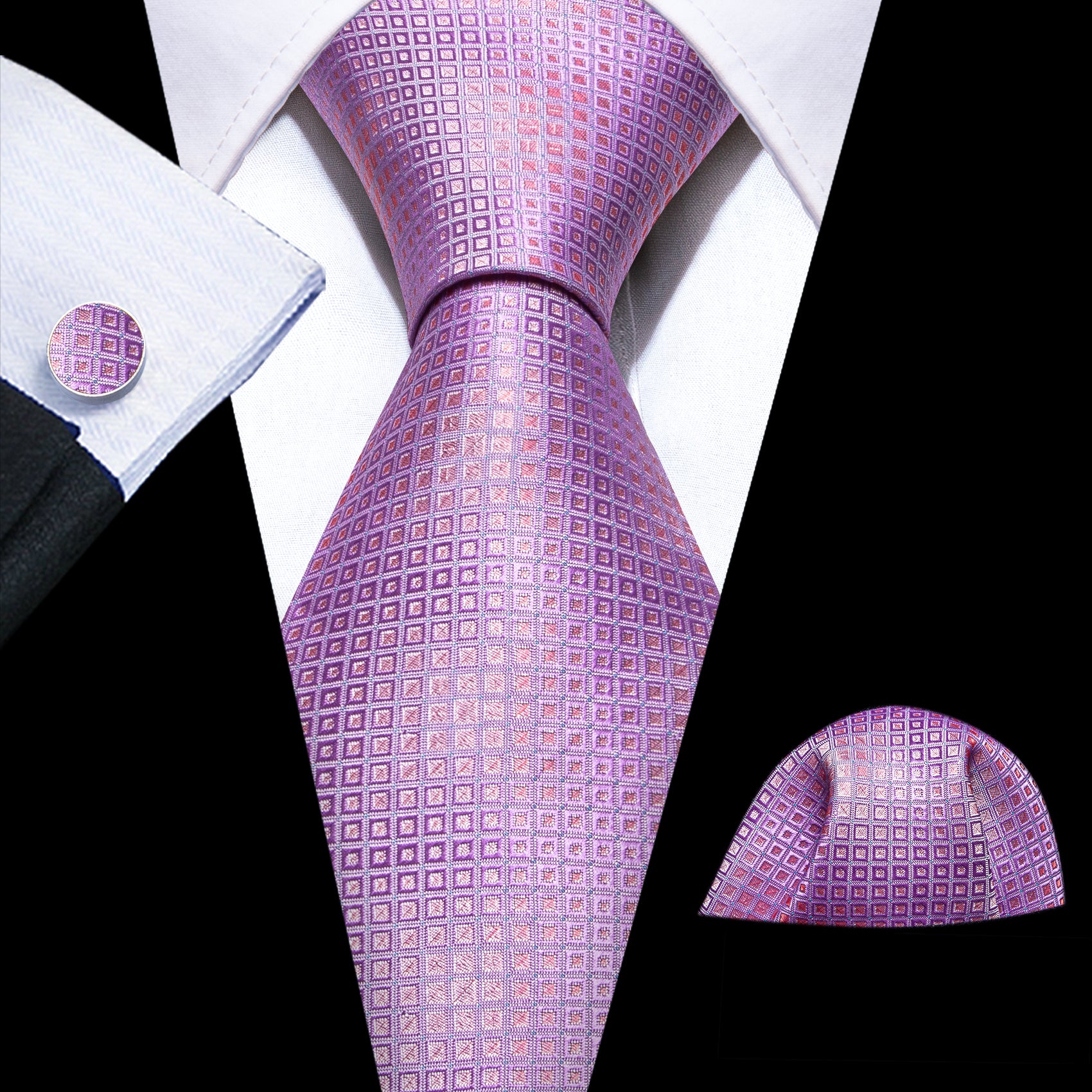 Light Purple Plaid Silk Tie Pocket Square Cufflinks Set