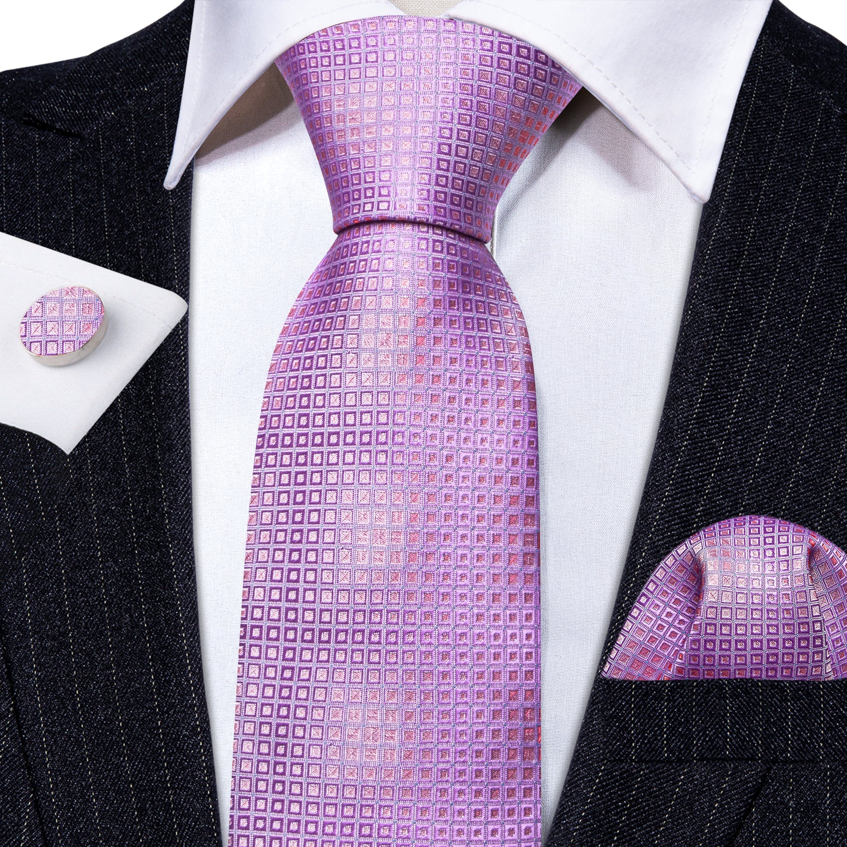 Light Purple Plaid Silk Tie Pocket Square Cufflinks Set