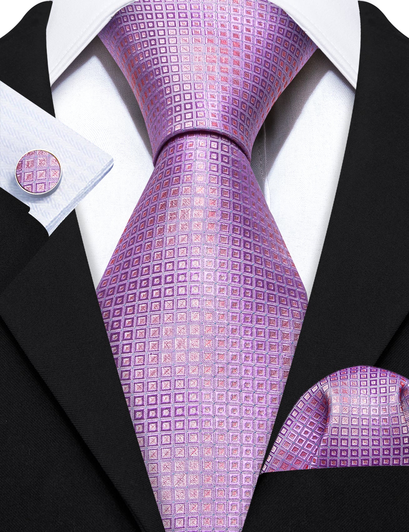 Light Purple Plaid Silk Tie Pocket Square Cufflinks Set