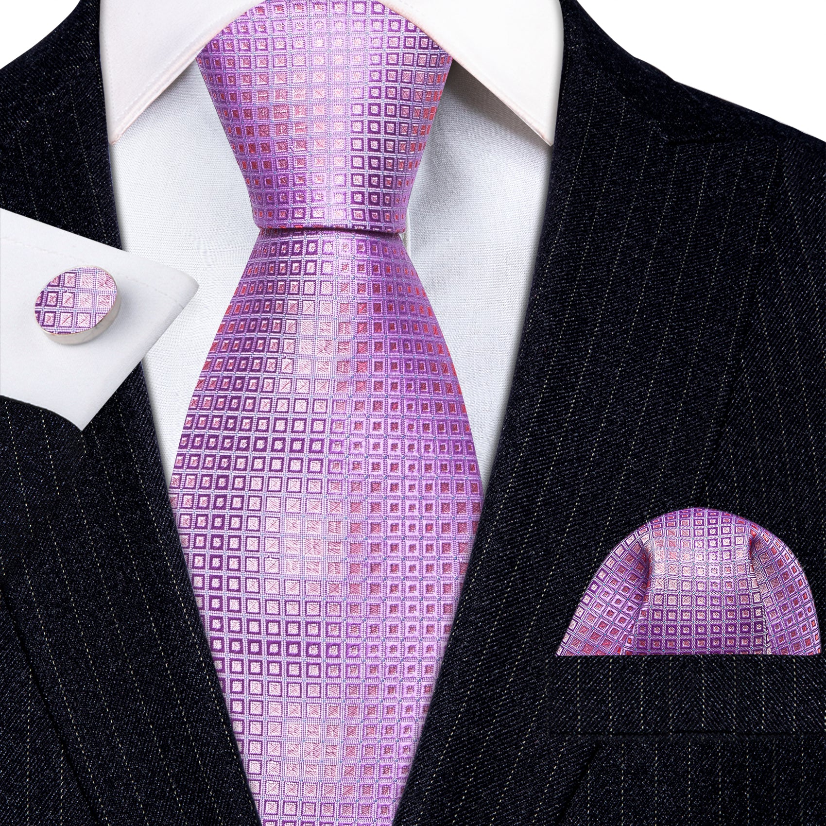 Light Purple Plaid Silk Tie Pocket Square Cufflinks Set