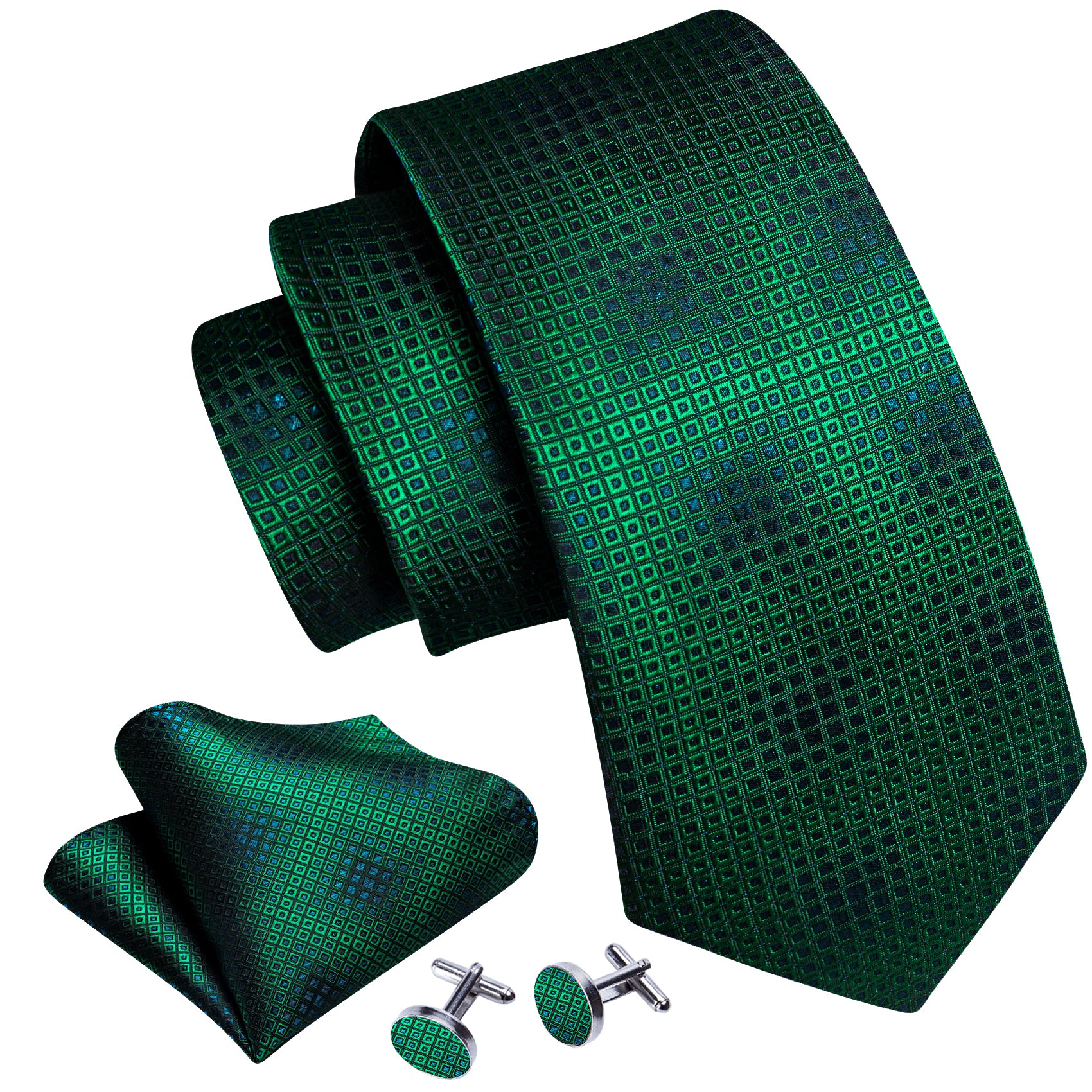 Green Blue Plaid Silk Tie Handkerchief Cufflinks Set