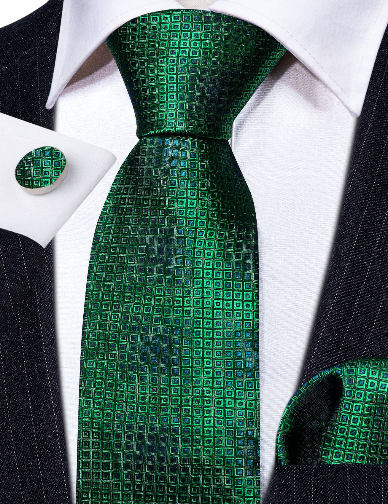 Green Blue Plaid Silk Tie Handkerchief Cufflinks Set