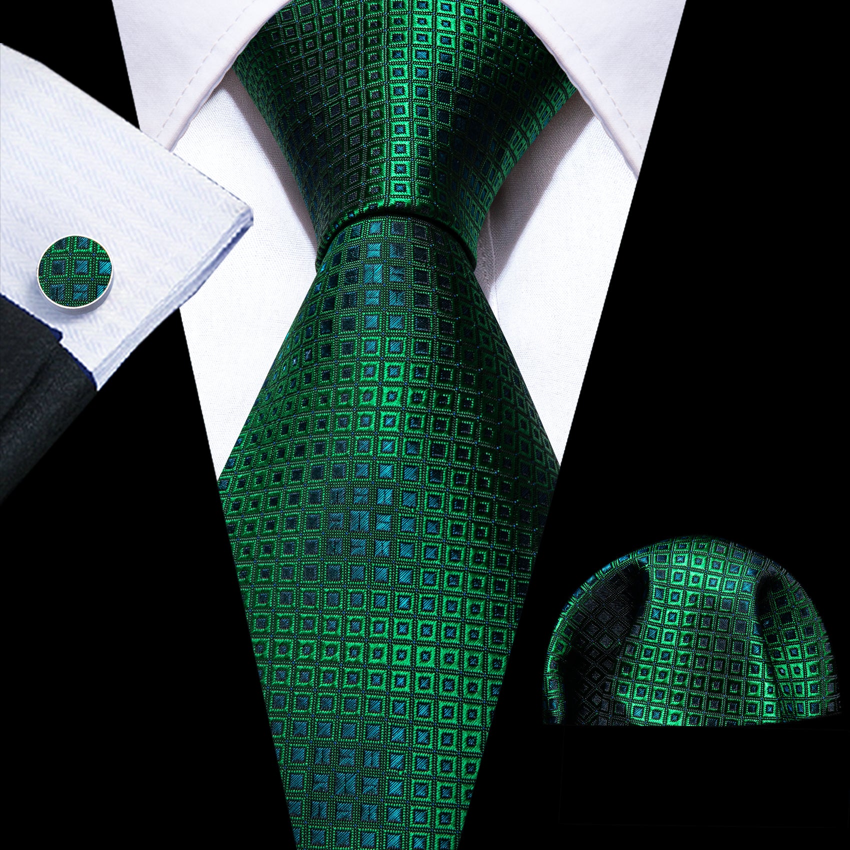 Green Blue Plaid Silk Tie Handkerchief Cufflinks Set