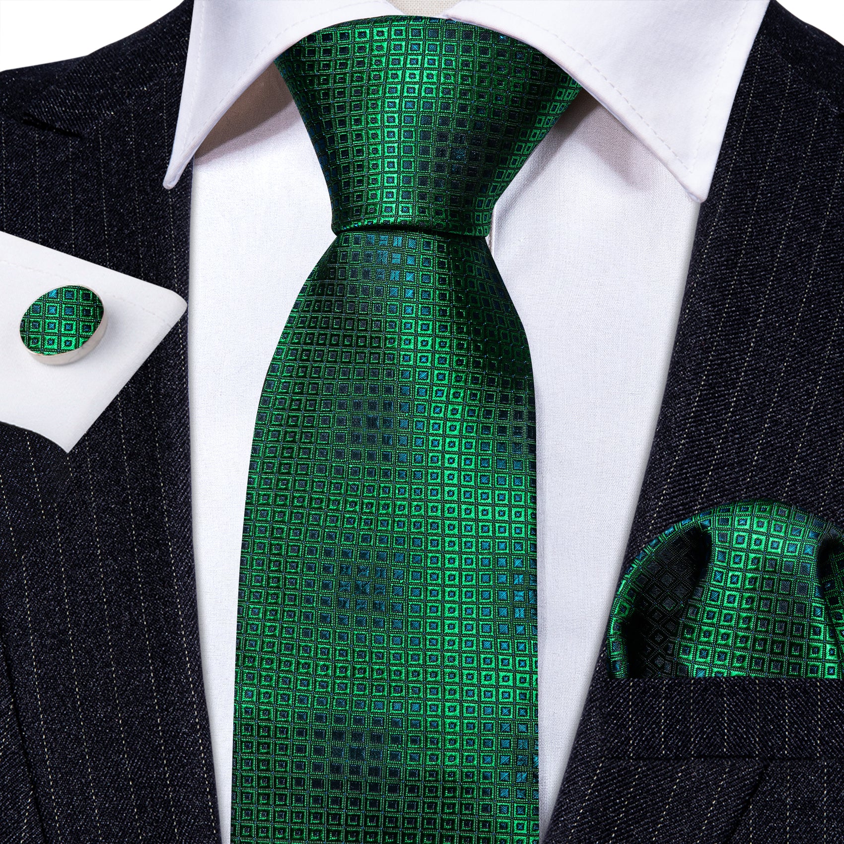 Green Blue Plaid Silk Tie Handkerchief Cufflinks Set