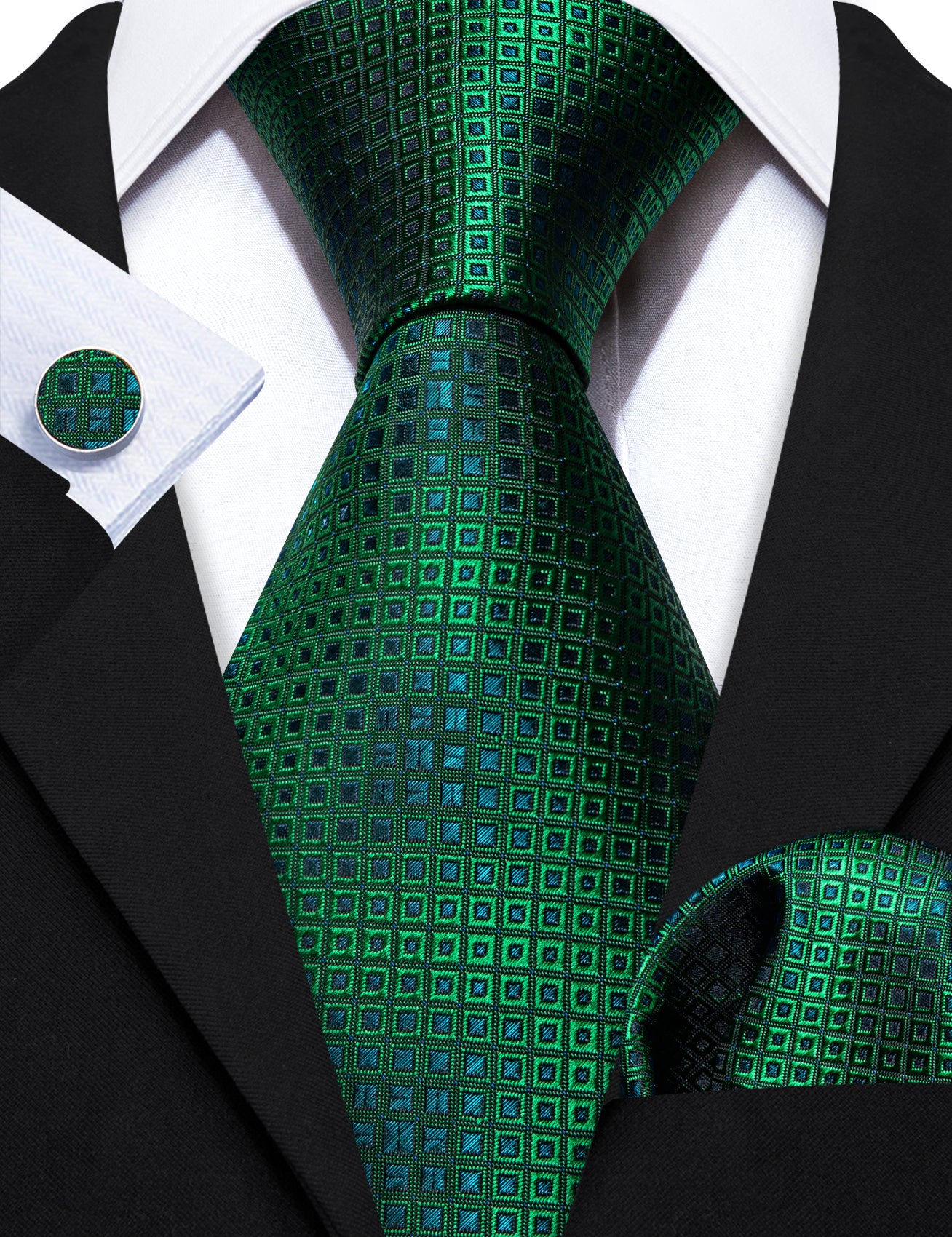 Green Blue Plaid Silk Tie Handkerchief Cufflinks Set