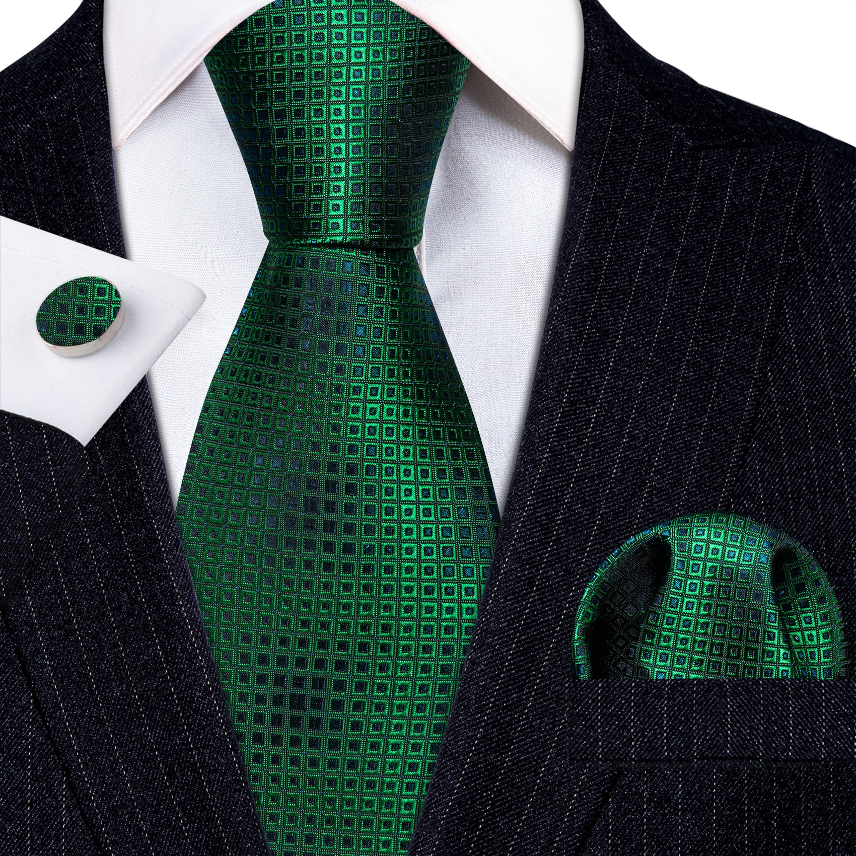 Green Blue Plaid Silk Tie Handkerchief Cufflinks Set