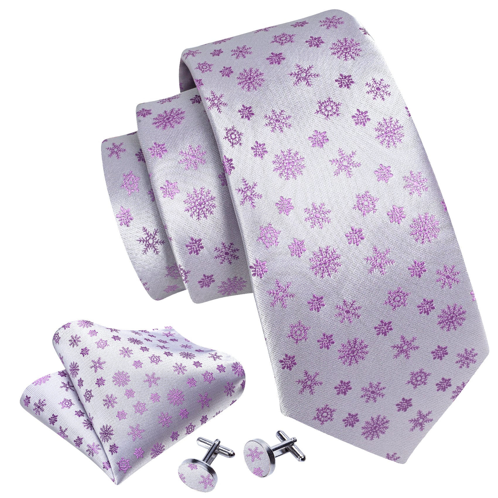 White Pink Christmas Silk Tie Handkerchief Cufflinks Set