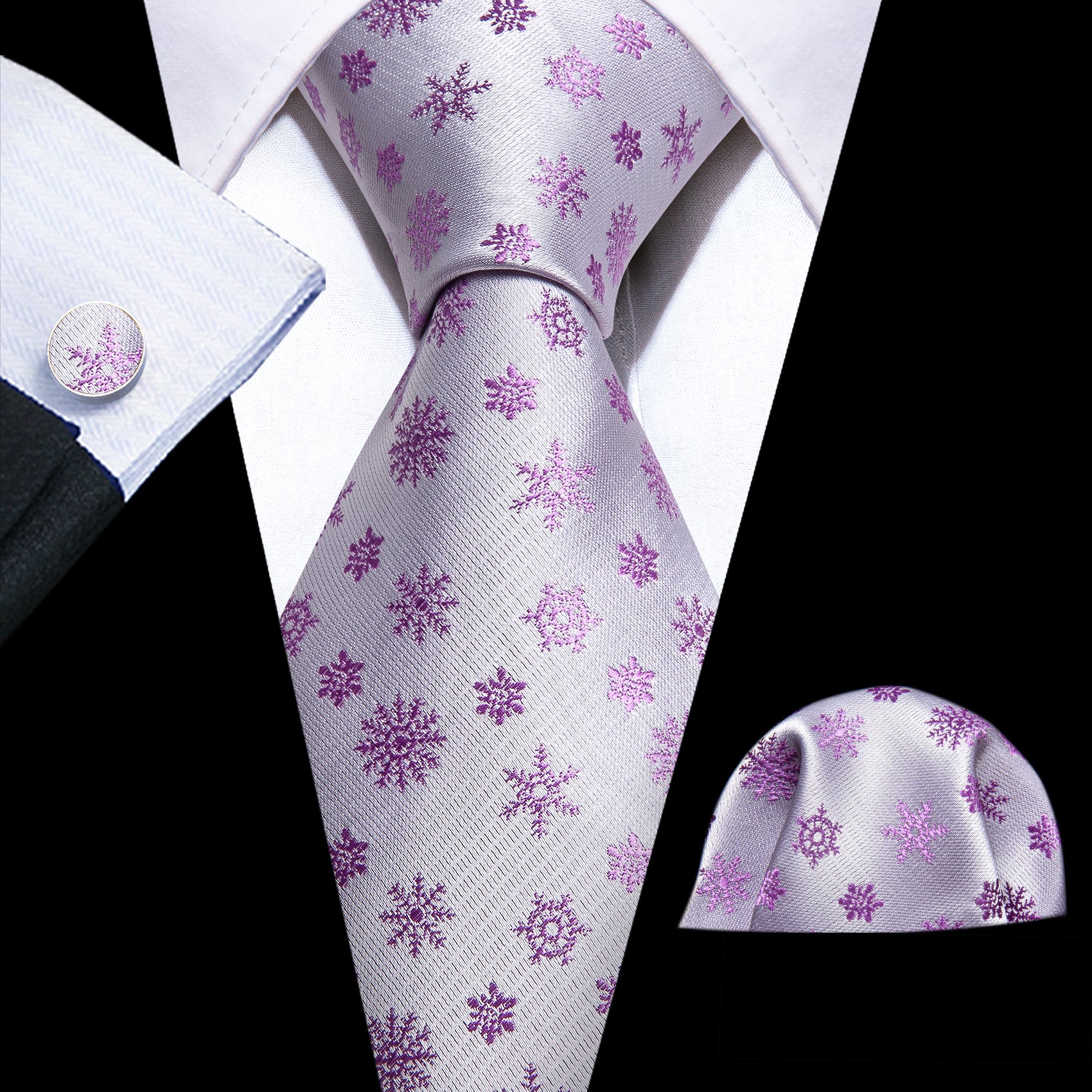 White Pink Christmas Silk Tie Handkerchief Cufflinks Set