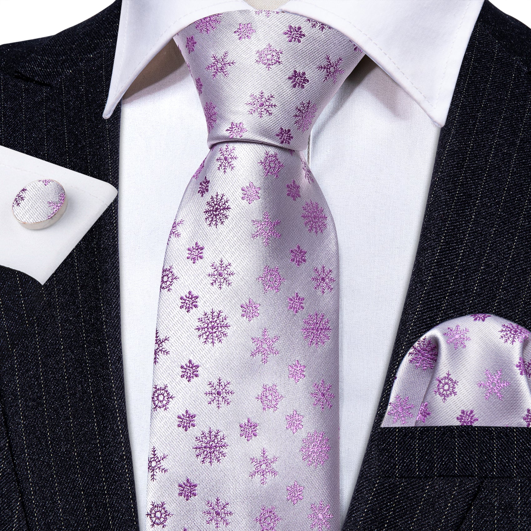 White Pink Christmas Silk Tie Handkerchief Cufflinks Set