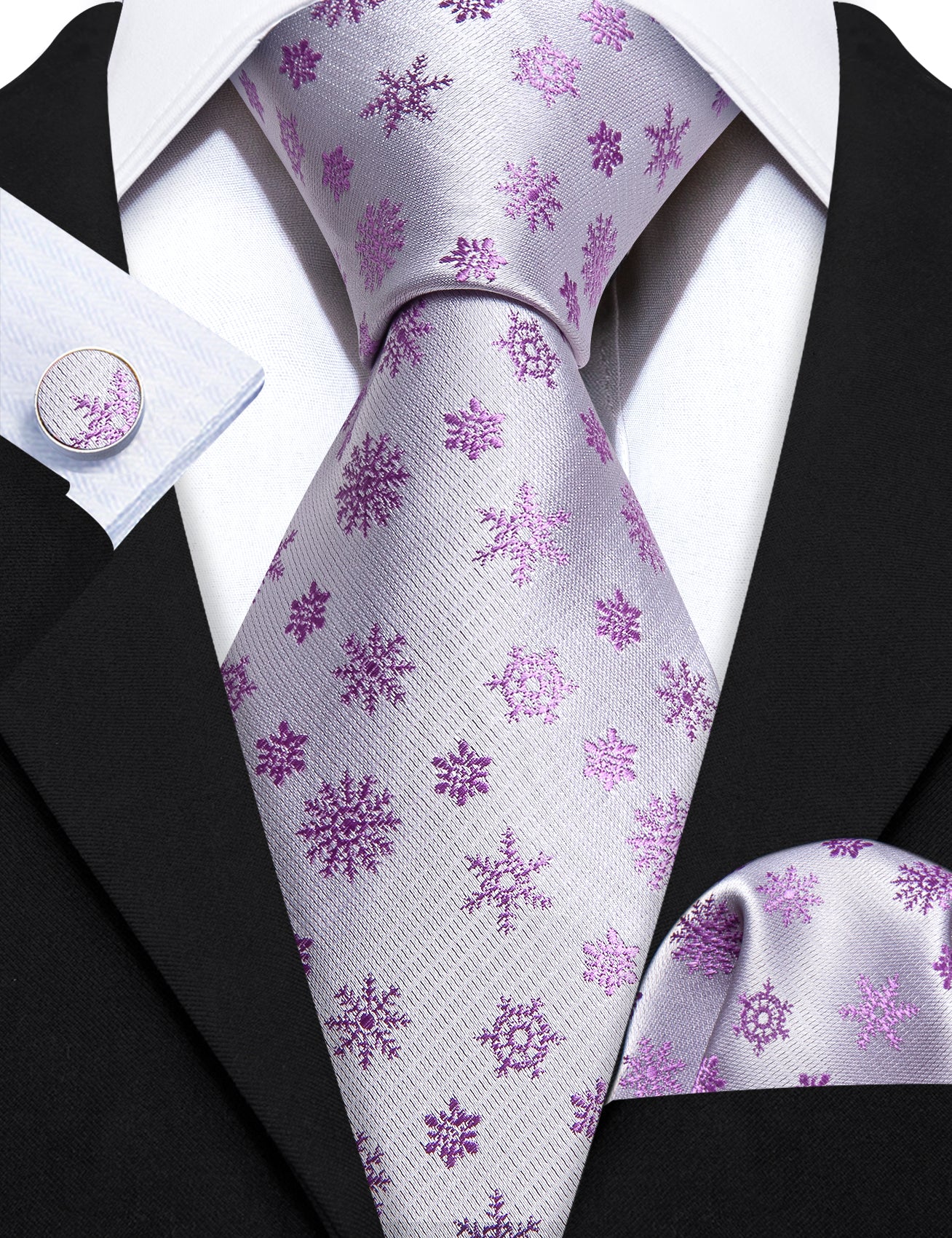 White Pink Christmas Silk Tie Handkerchief Cufflinks Set