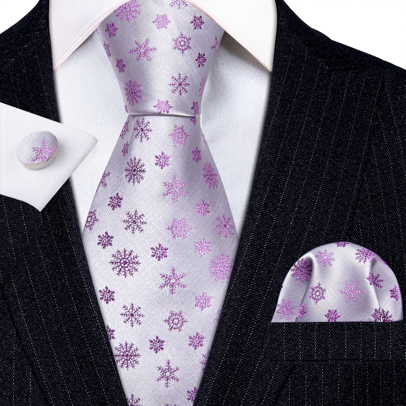 White Pink Christmas Silk Tie Handkerchief Cufflinks Set