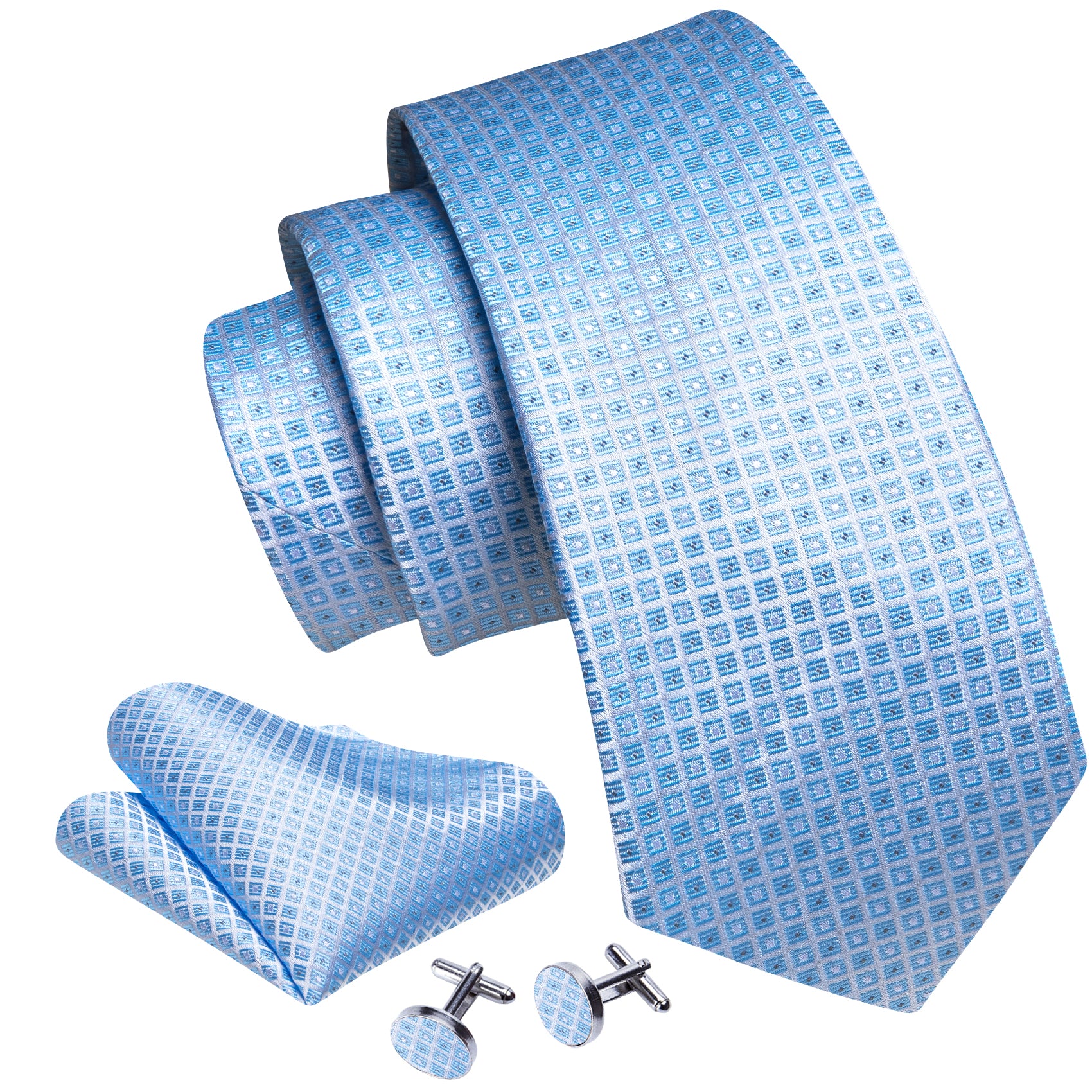  Light Blue Necktie Lattice Tie Handkerchief Cufflinks Set