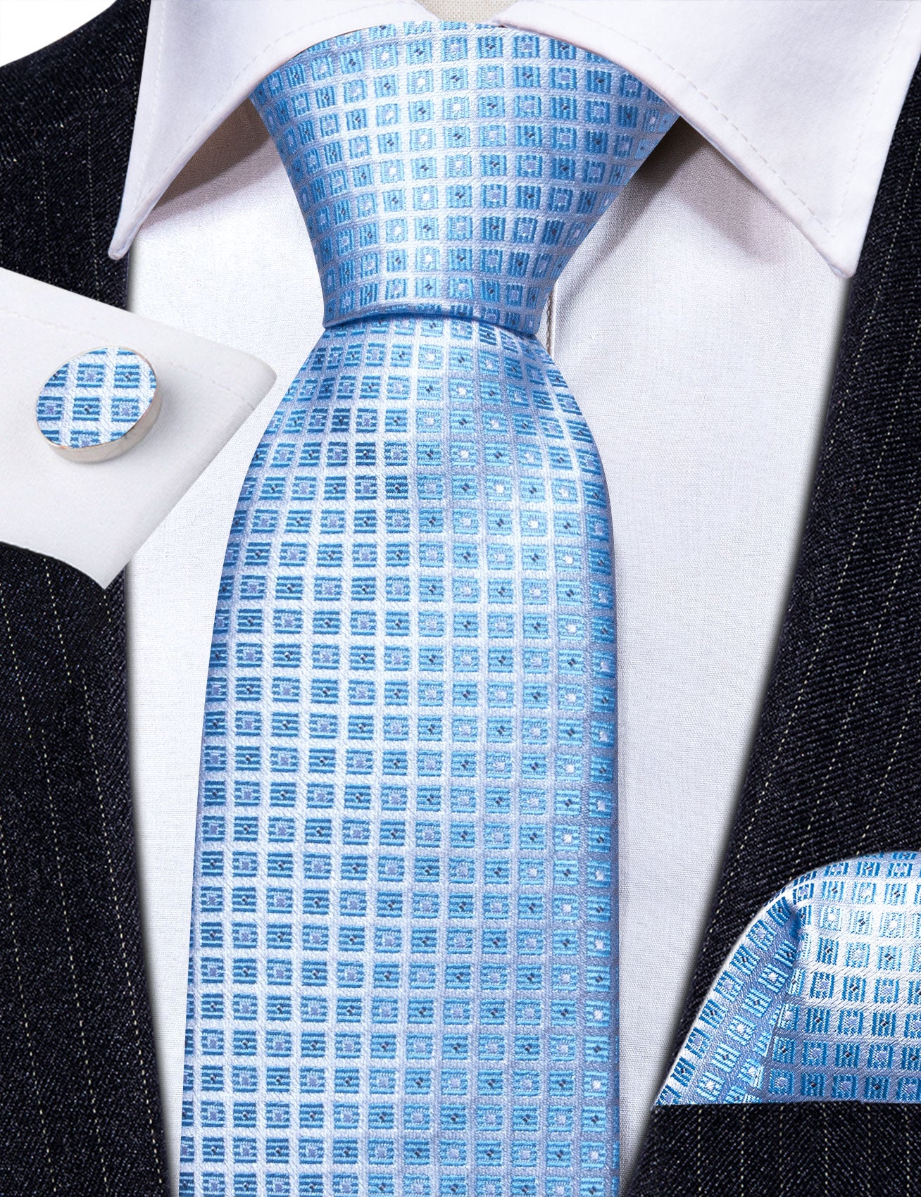  Light Blue Necktie Lattice Tie Handkerchief Cufflinks Set