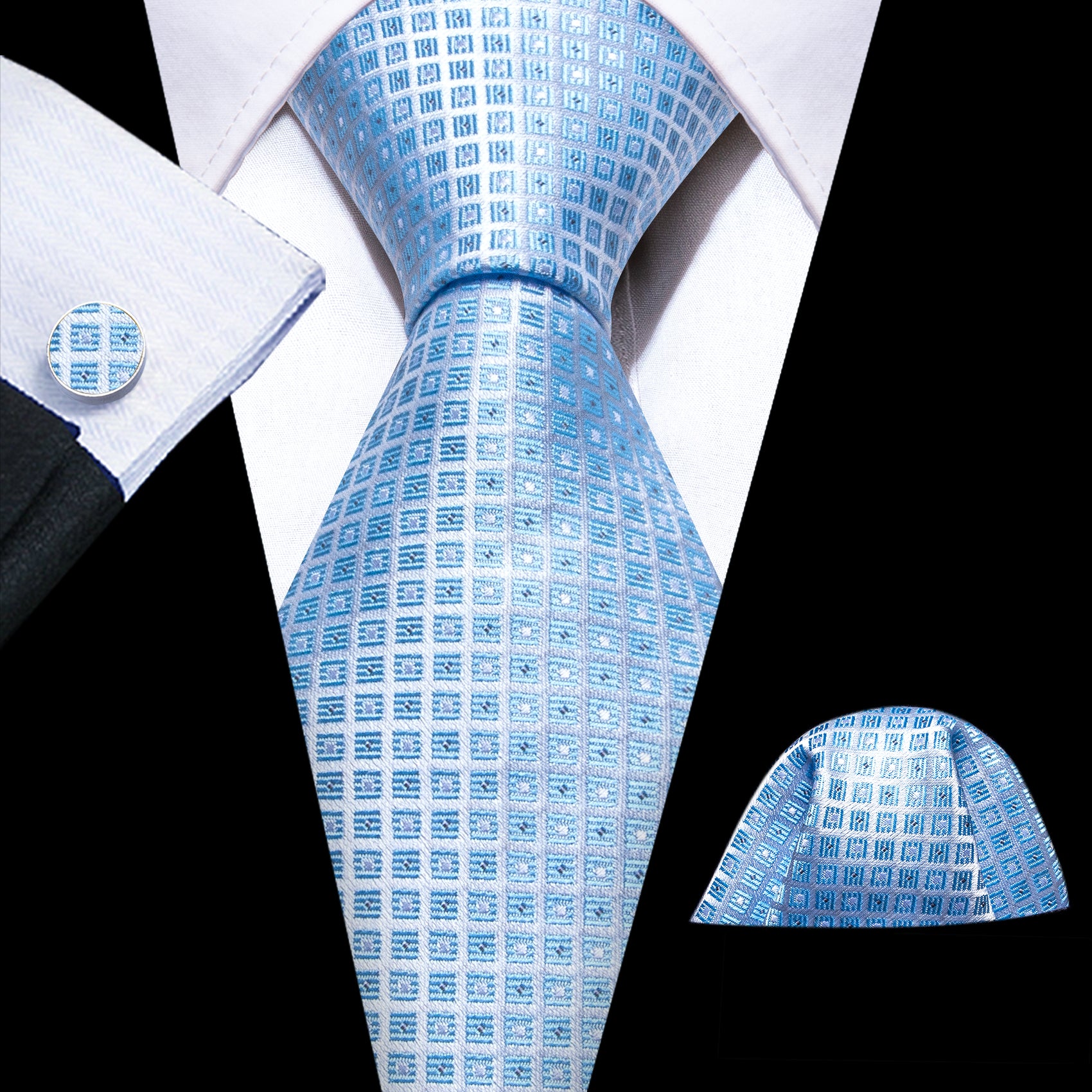  Light Blue Necktie Lattice Tie Handkerchief Cufflinks Set