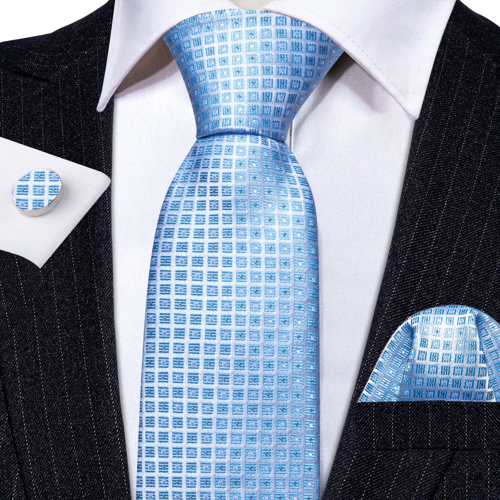  Light Blue Necktie Lattice Tie Handkerchief Cufflinks Set