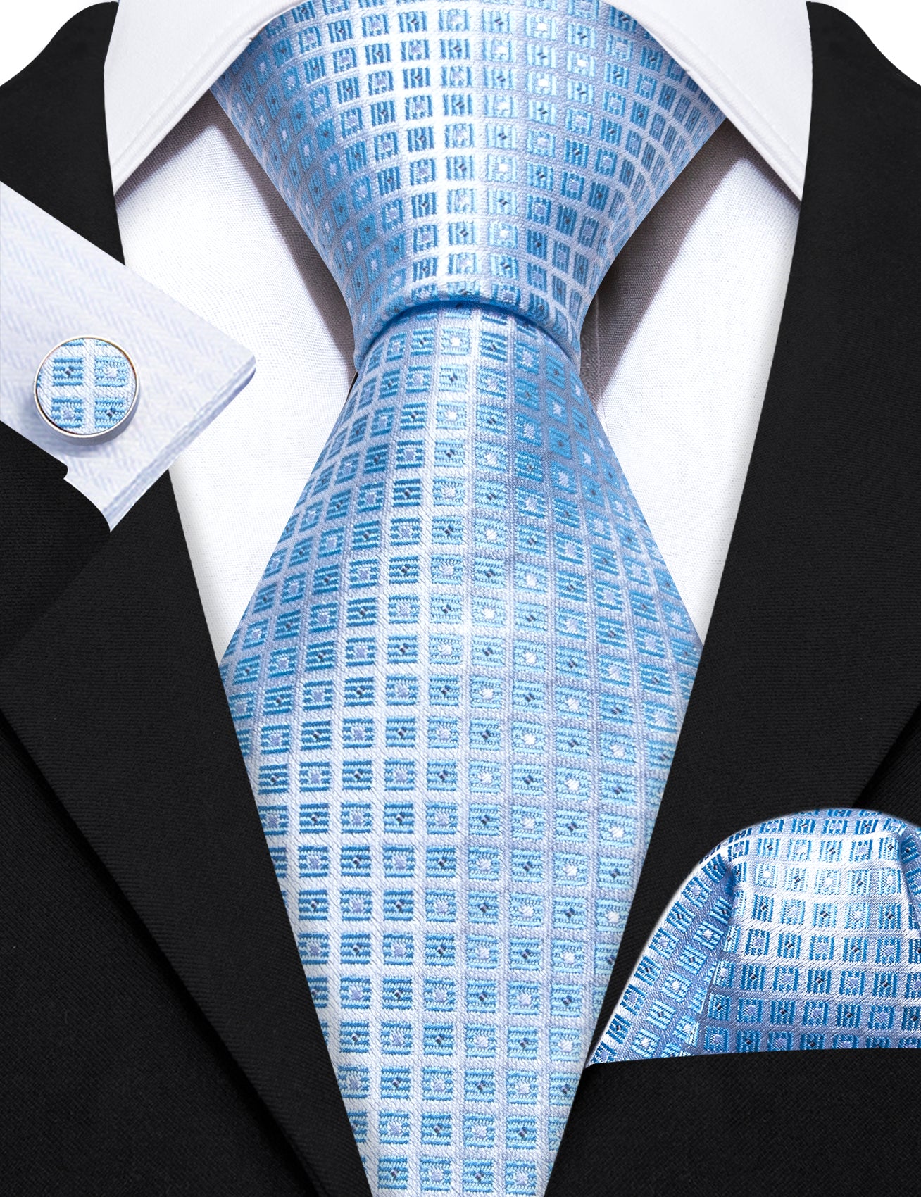  Light Blue Necktie Lattice Tie Handkerchief Cufflinks Set