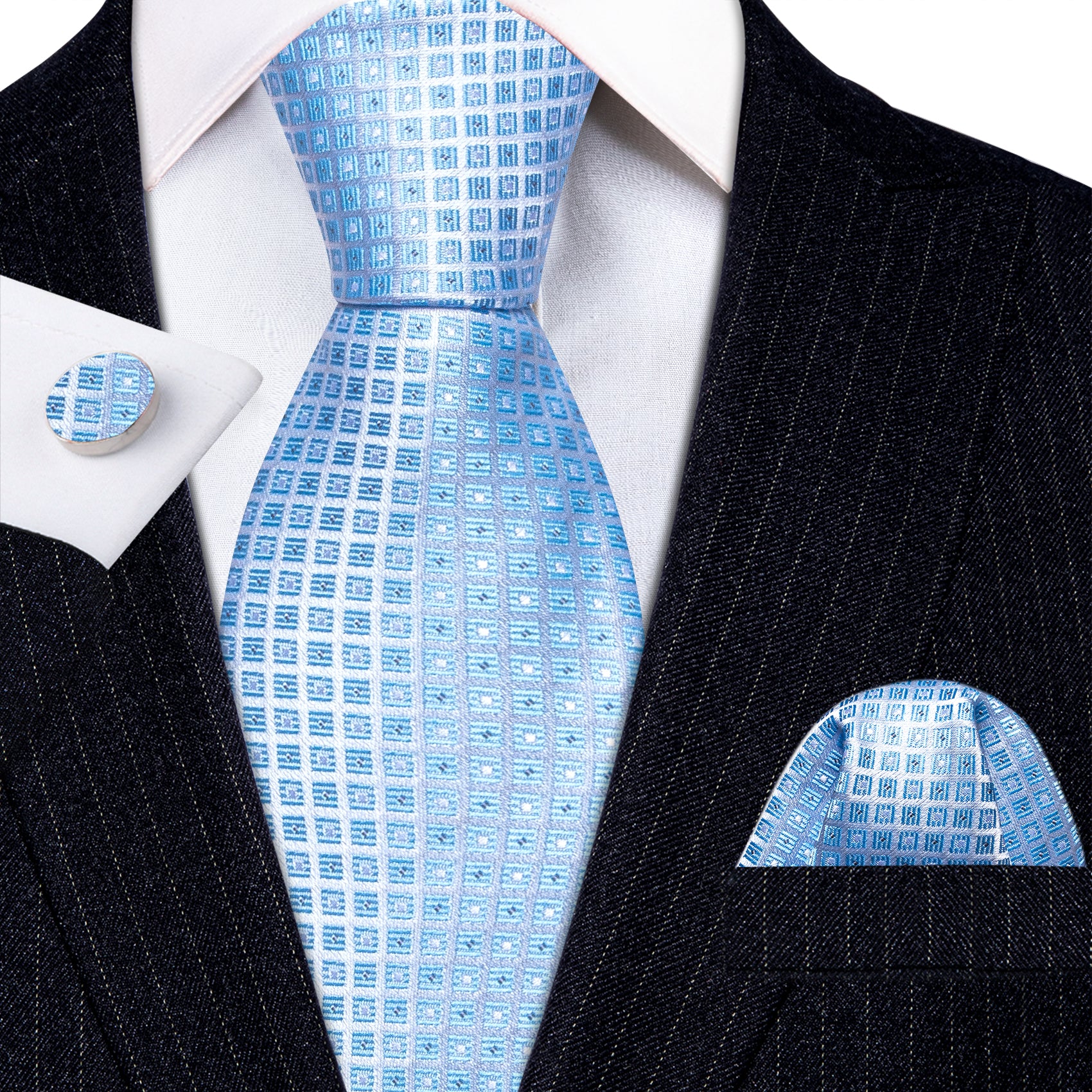  Light Blue Necktie Lattice Tie Handkerchief Cufflinks Set