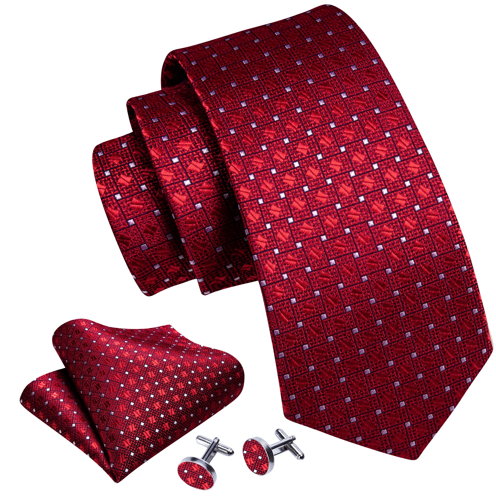 Red White Plaid Silk Tie Handkerchief Cufflinks Set