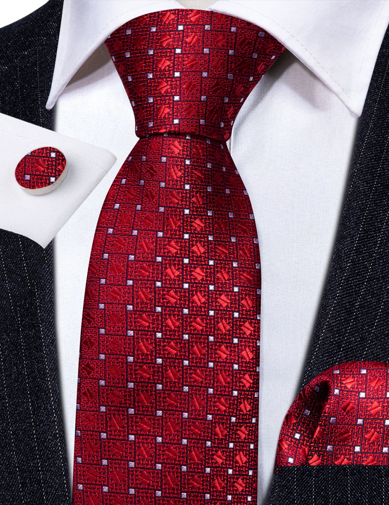 Red White Plaid Silk Tie Handkerchief Cufflinks Set