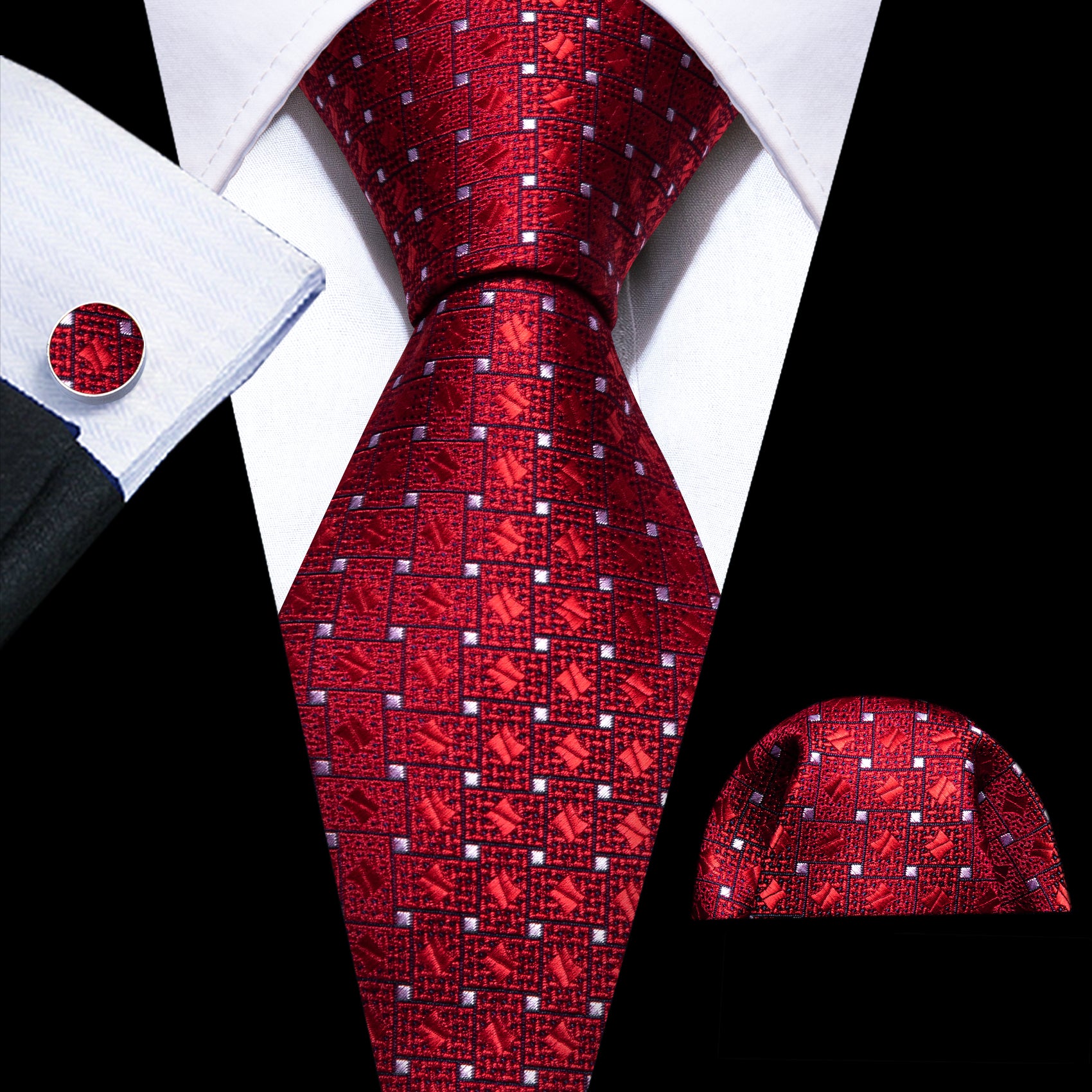 Red White Plaid Silk Tie Handkerchief Cufflinks Set