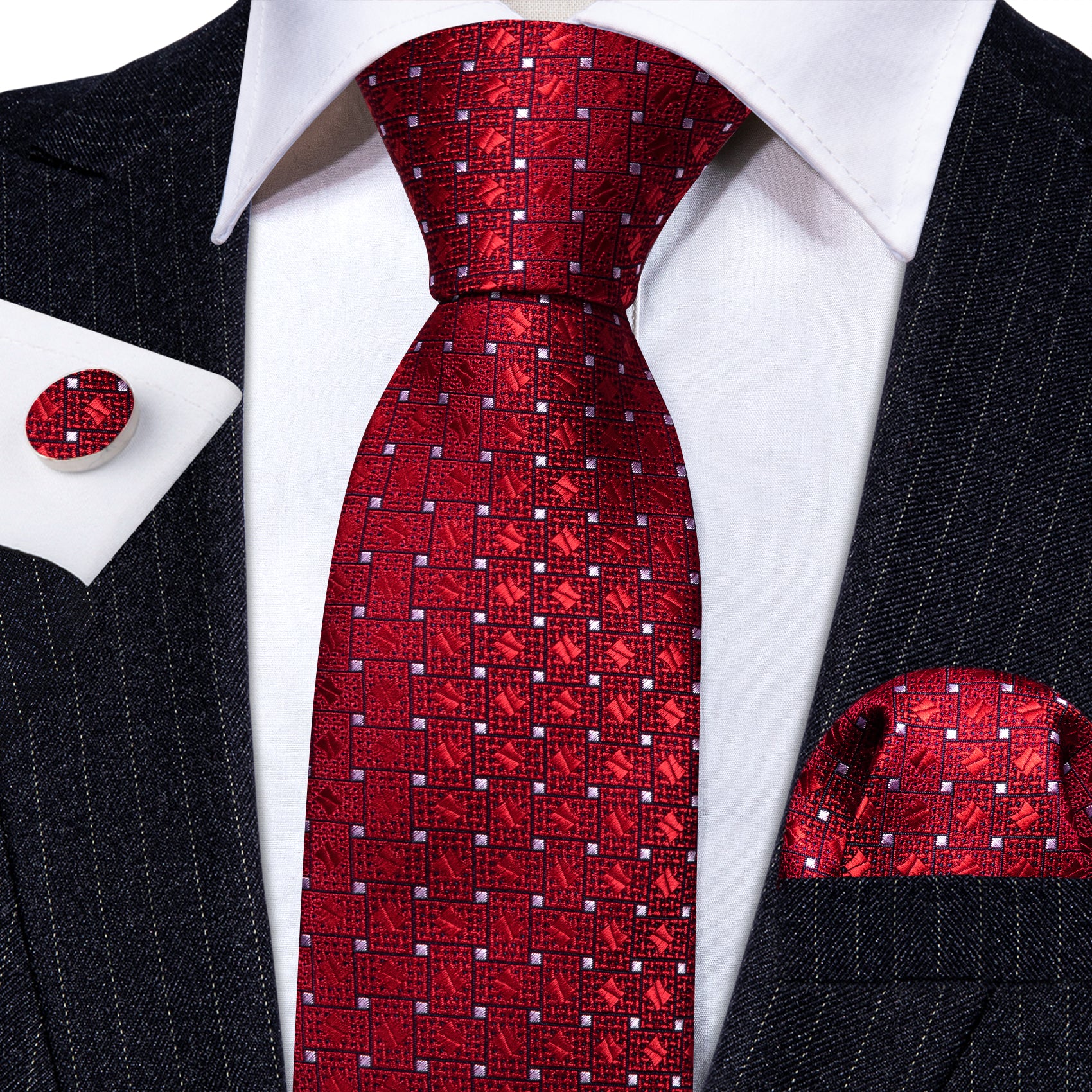 Red White Plaid Silk Tie Handkerchief Cufflinks Set