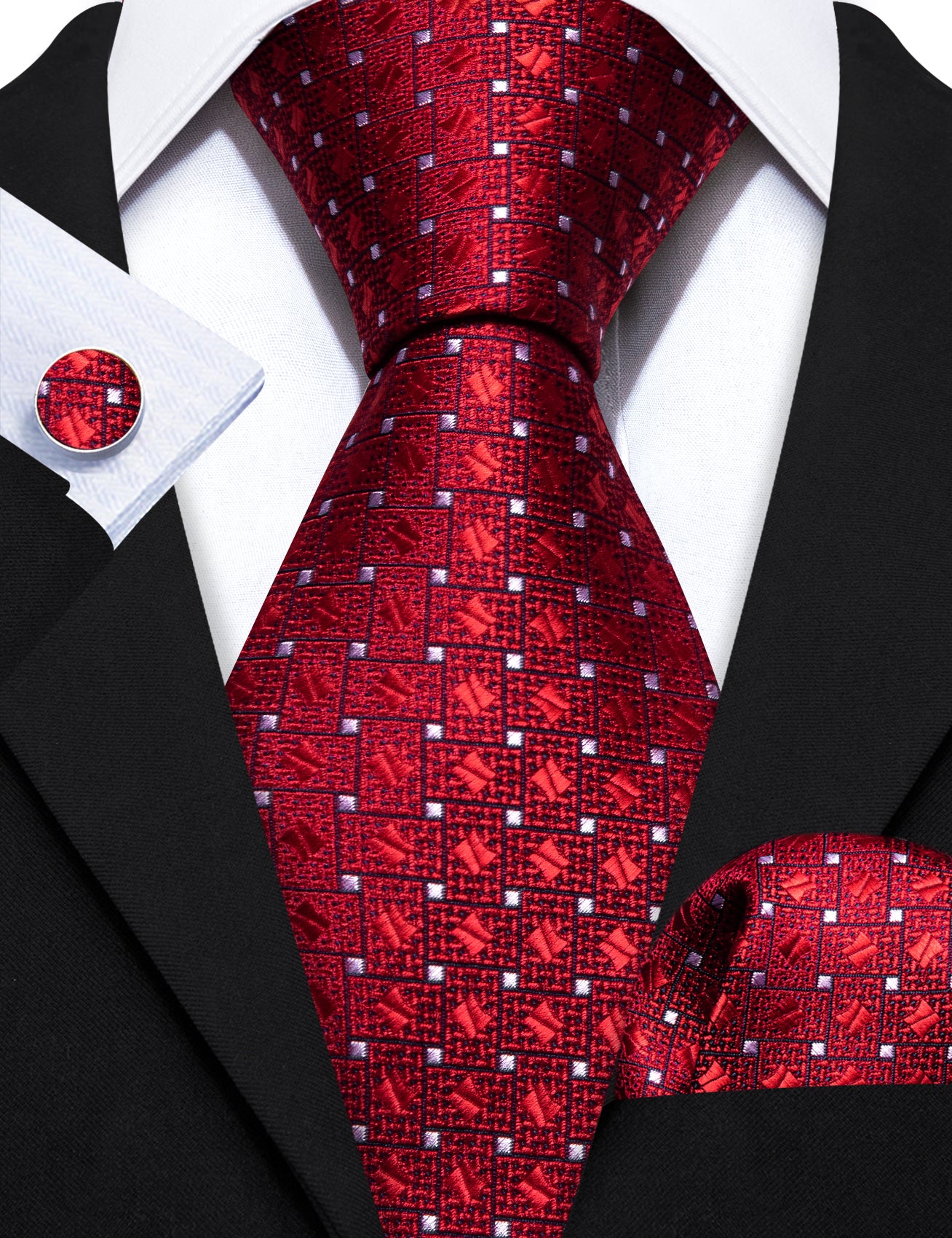 Red White Plaid Silk Tie Handkerchief Cufflinks Set