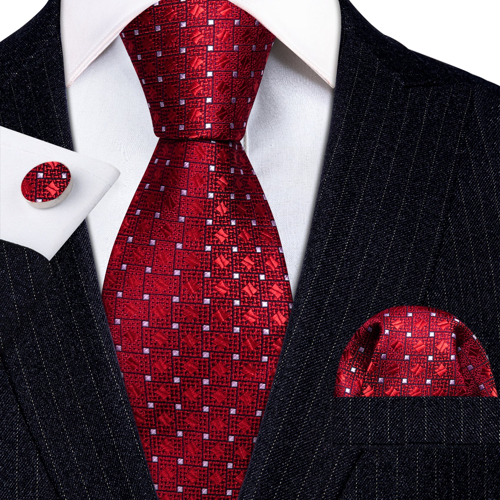 Red White Plaid Silk Tie Handkerchief Cufflinks Set