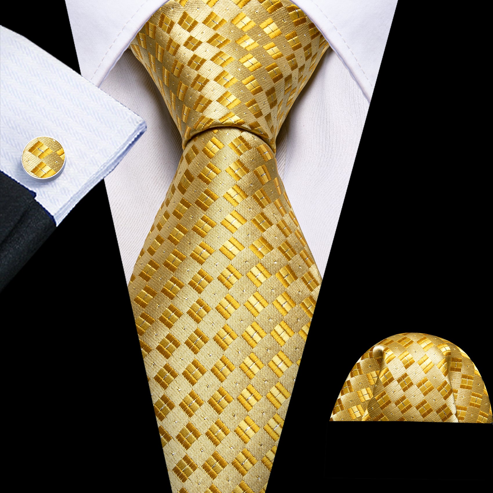 Novetly Gold Plaid Silk Tie Pocket Square Cufflinks Set