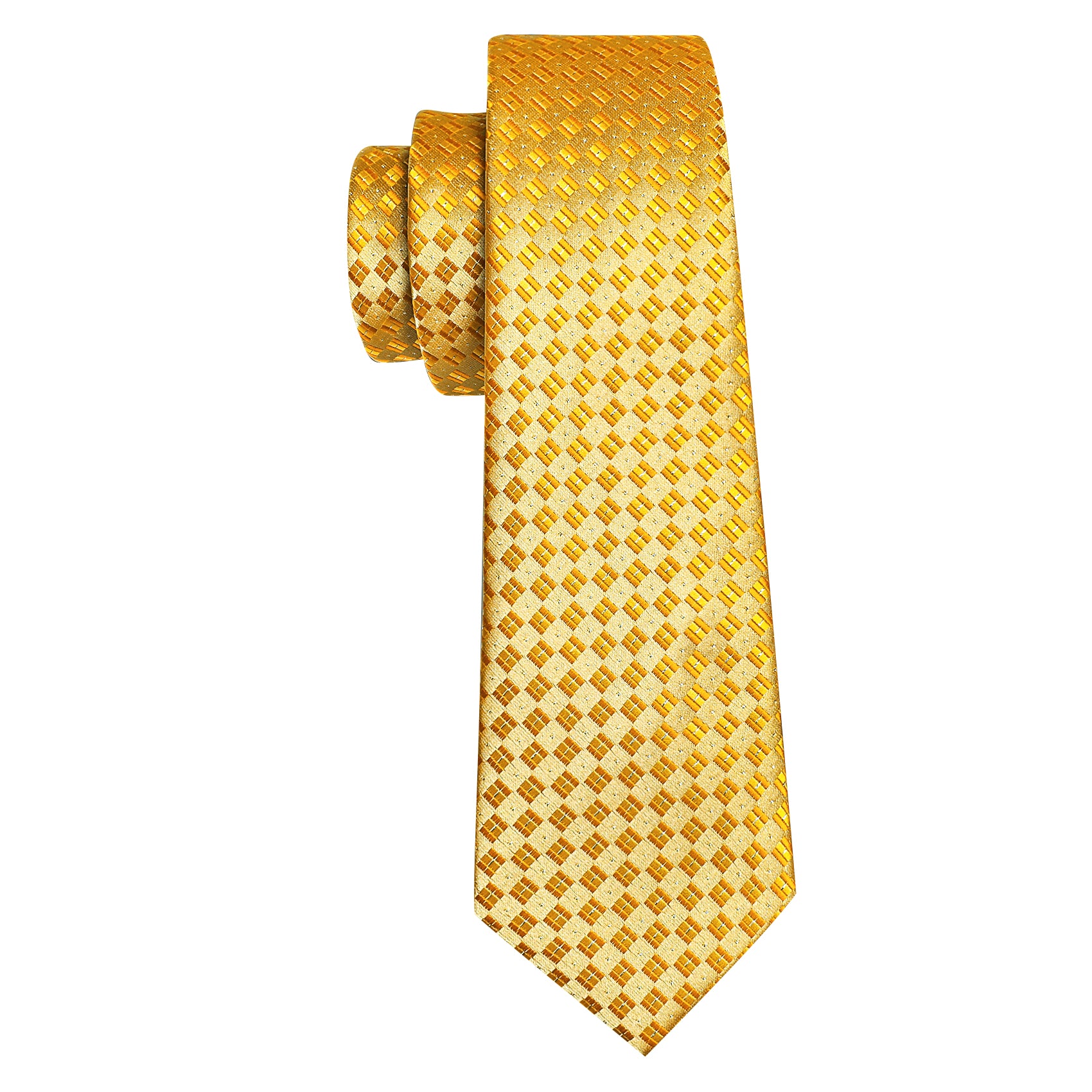 Novetly Gold Plaid Silk Tie Pocket Square Cufflinks Set