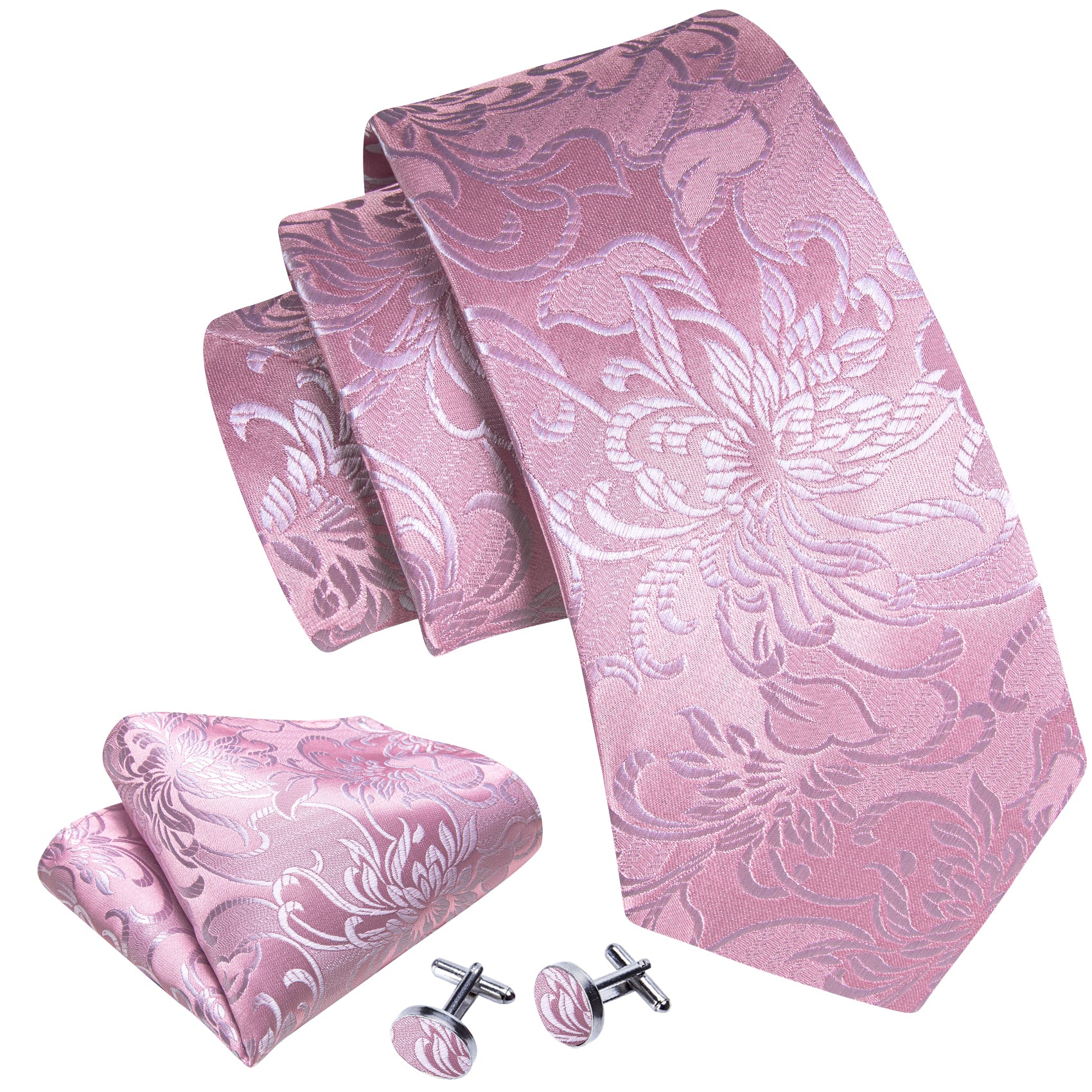 Pink Peony Floral Silk Tie Pocket Square Cufflinks Set