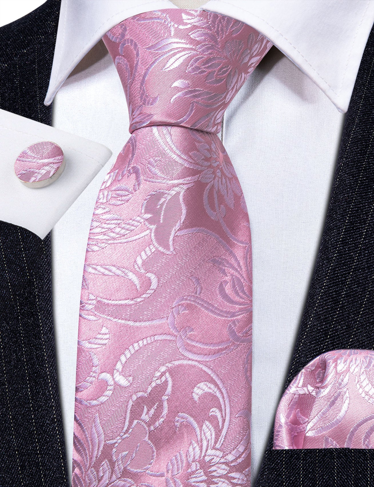 Pink Peony Floral Silk Tie Pocket Square Cufflinks Set