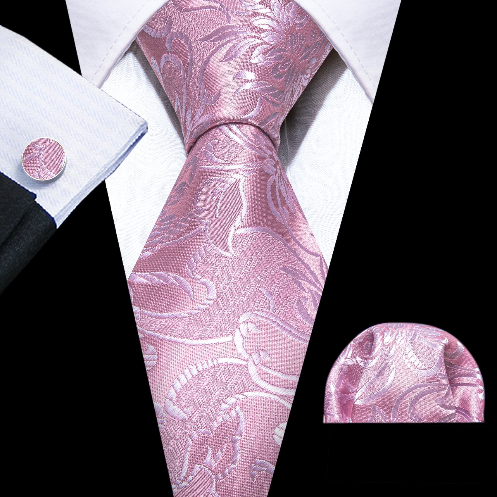 Pink Peony Floral Silk Tie Pocket Square Cufflinks Set