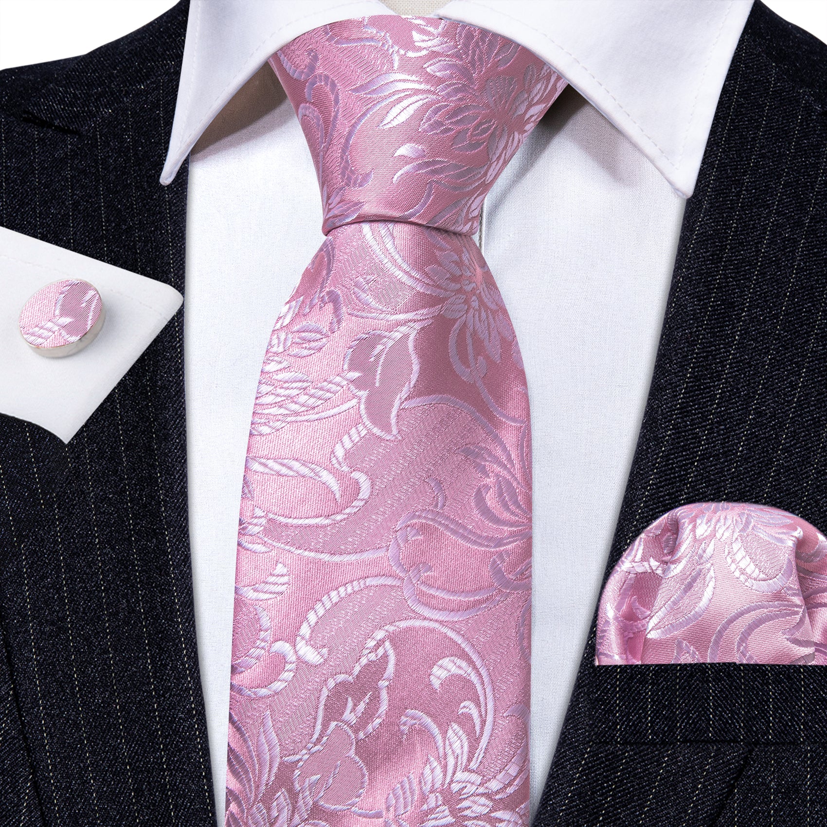 Pink Peony Floral Silk Tie Pocket Square Cufflinks Set