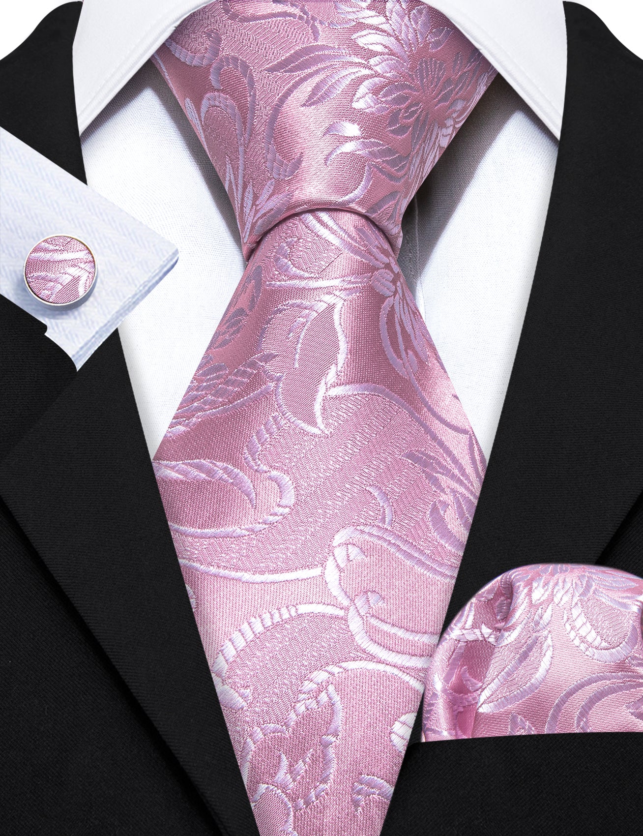 Pink Peony Floral Silk Tie Pocket Square Cufflinks Set