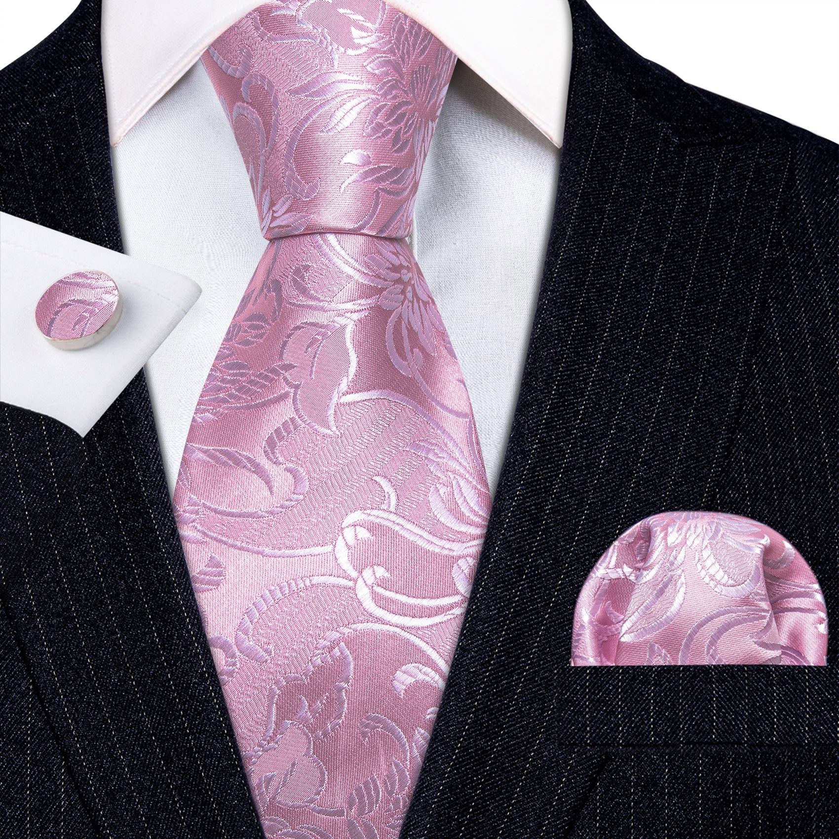 Pink Peony Floral Silk Tie Pocket Square Cufflinks Set