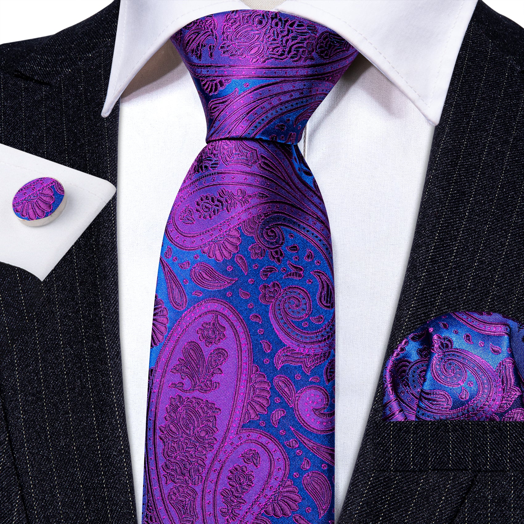 Purple Blue Paisley Silk Tie Pocket Square Cufflinks Set