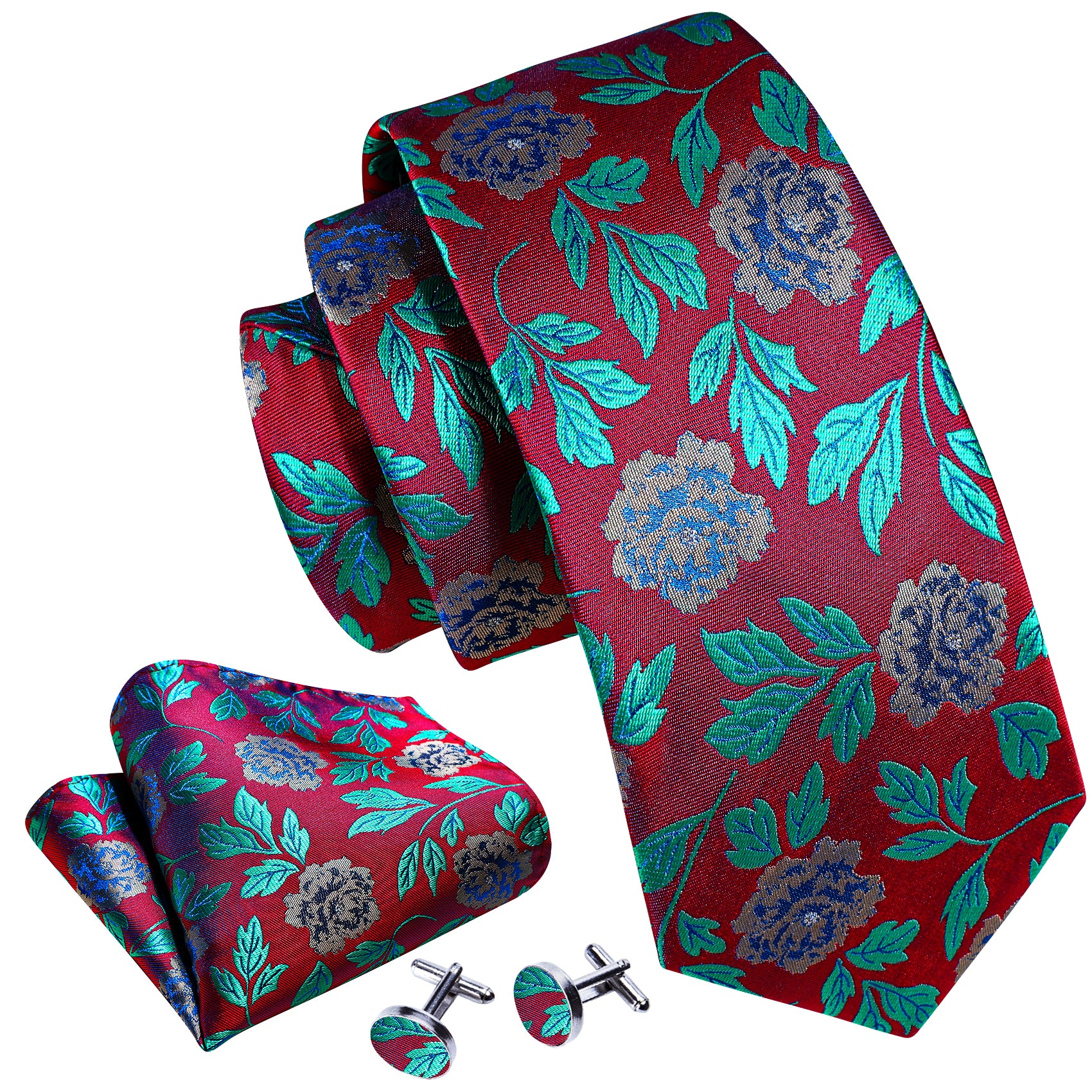 Red Teal Blue Flower Silk Tie Hanky Cufflinks Set