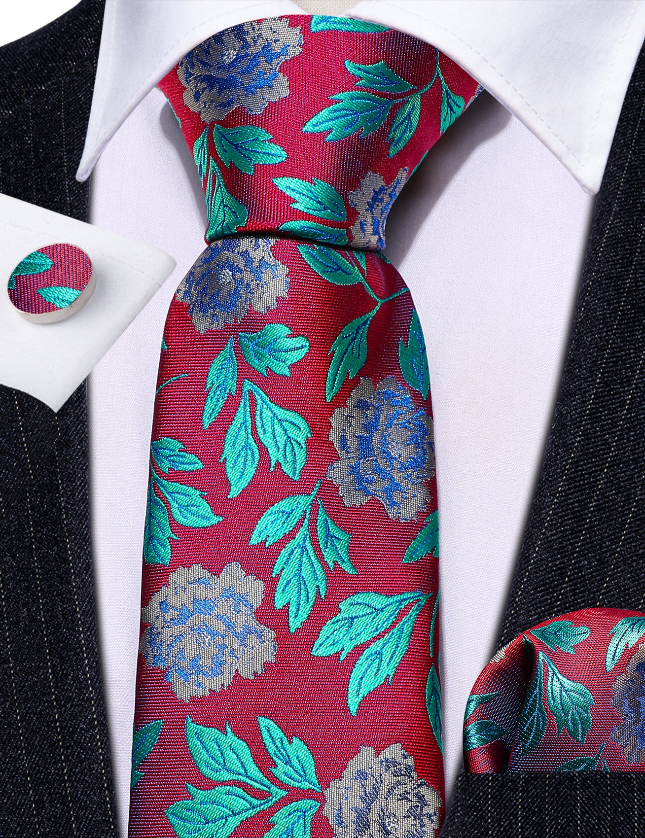 Red Teal Blue Flower Silk Tie Hanky Cufflinks Set