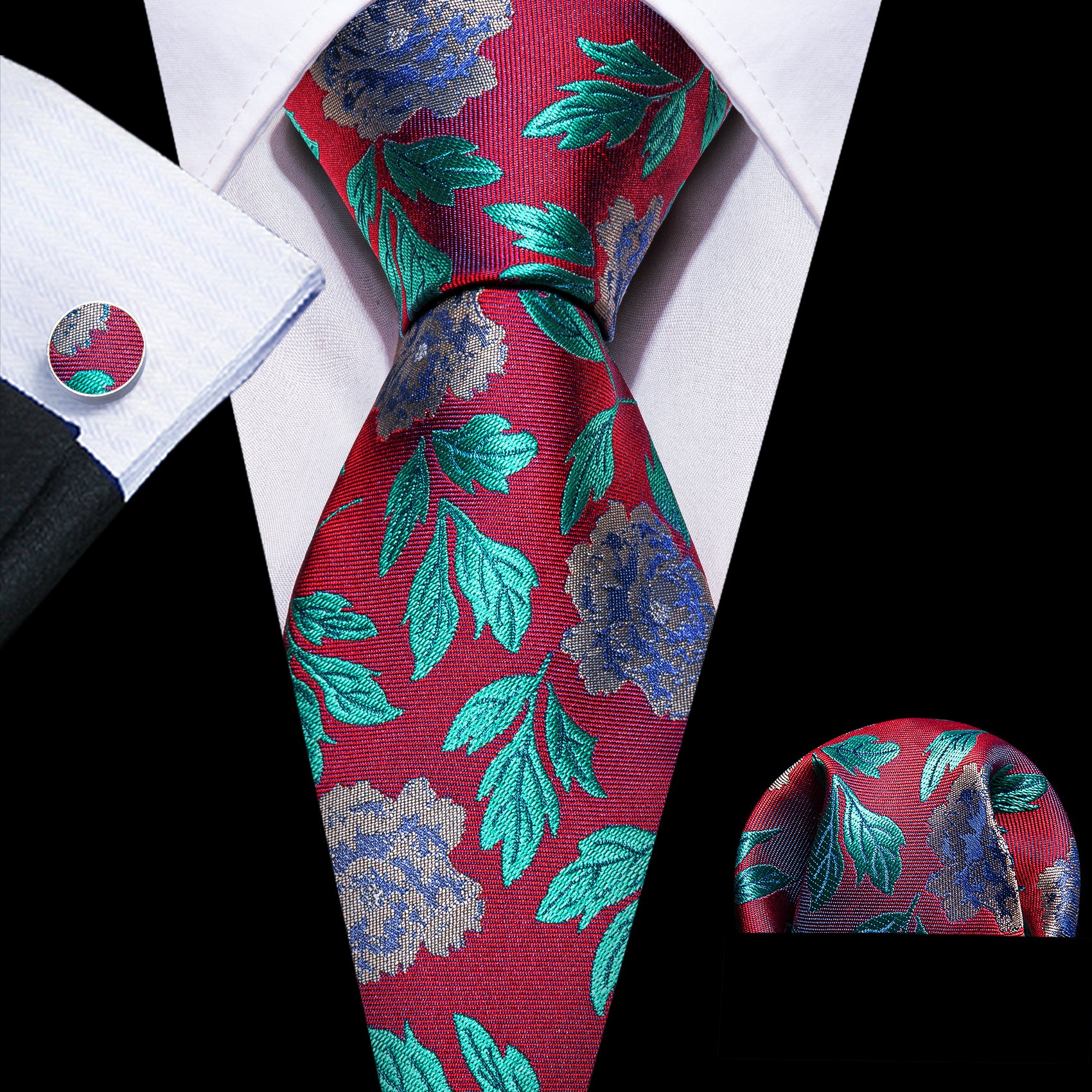 Red Teal Blue Flower Silk Tie Hanky Cufflinks Set